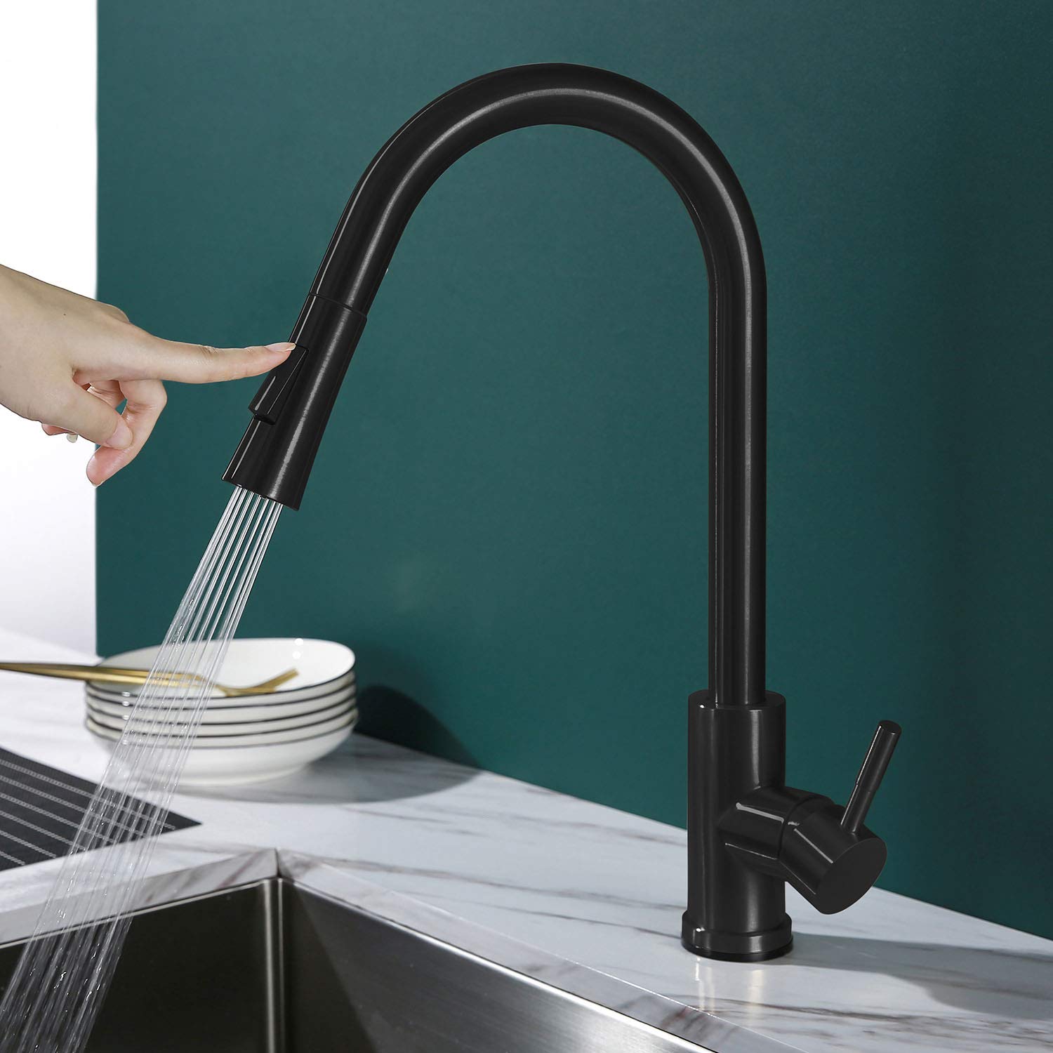 Homelava Black 304 Stainless Steel Single Handle Pull Down Kitchen Faucet with Touch Control, Spray Shield Technology & Magnetic Docking Spray Head - Perfect for Modern Kitchens, Dishwashing, and Food Prep