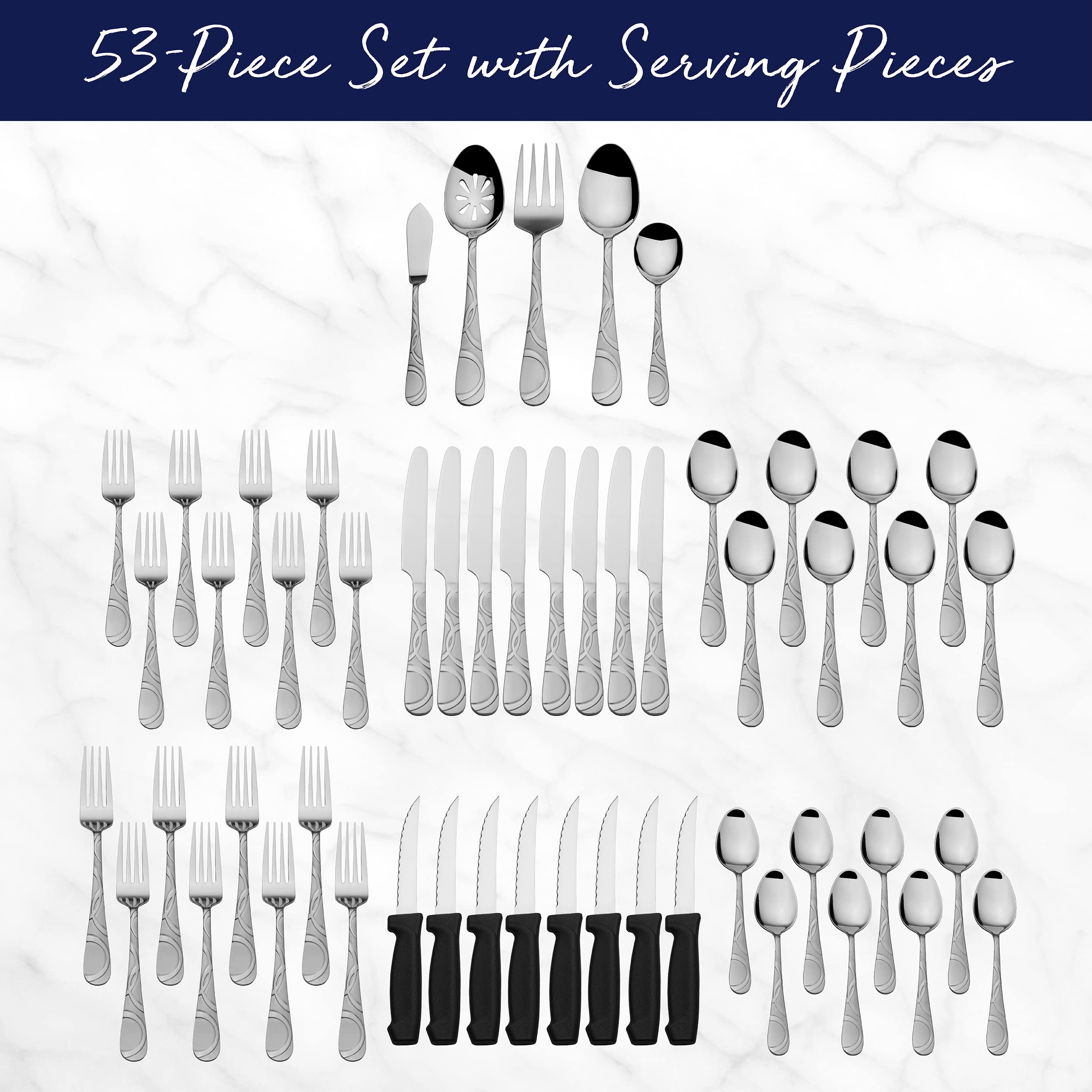 Pfaltzgraff Garland Frost 53-Piece Stainless Steel Flatware Set with Steak Knives - Service for 8 - Elegant Dinnerware for Formal Dining, Holiday Entertaining & Wedding Registry