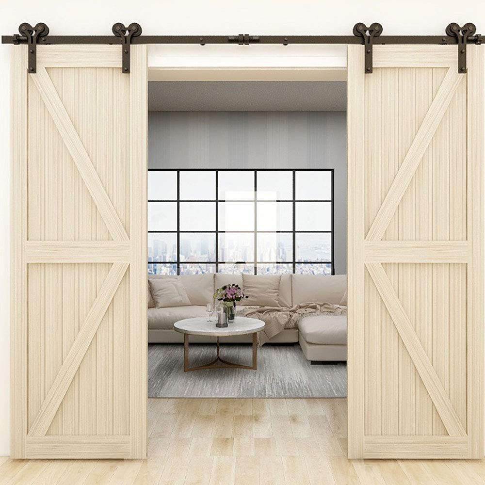 5.5FT Heavy Duty Sliding Barn Door Hardware Kit for Double Wood Doors - Smooth & Quiet Y-Style Hanger - Perfect for Farmhouse, Rustic, and Modern Home Interiors