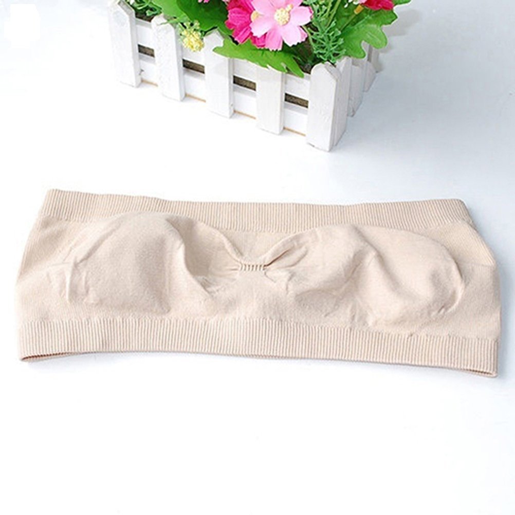 Polytree Women's Strapless Breathable Sports Bra - Seamless Bandeau Top for Yoga, Running & Workout - Comfortable Wirefree Boob Tube in Beige | Perfect for Gym, Lounge & Summer Activities
