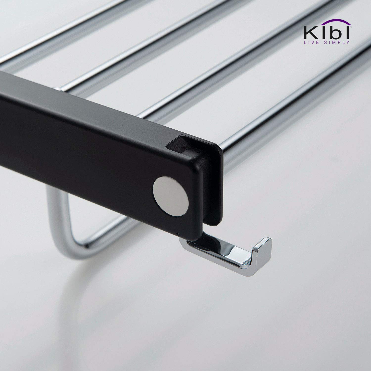 KIBI Artis 24 Inch Stainless Steel Wall Mounted Bath Towel Rack with Hooks - Modern Chrome Black Bathroom Towel Holder for Spa, Hotel & Home Decor (KBA1004)