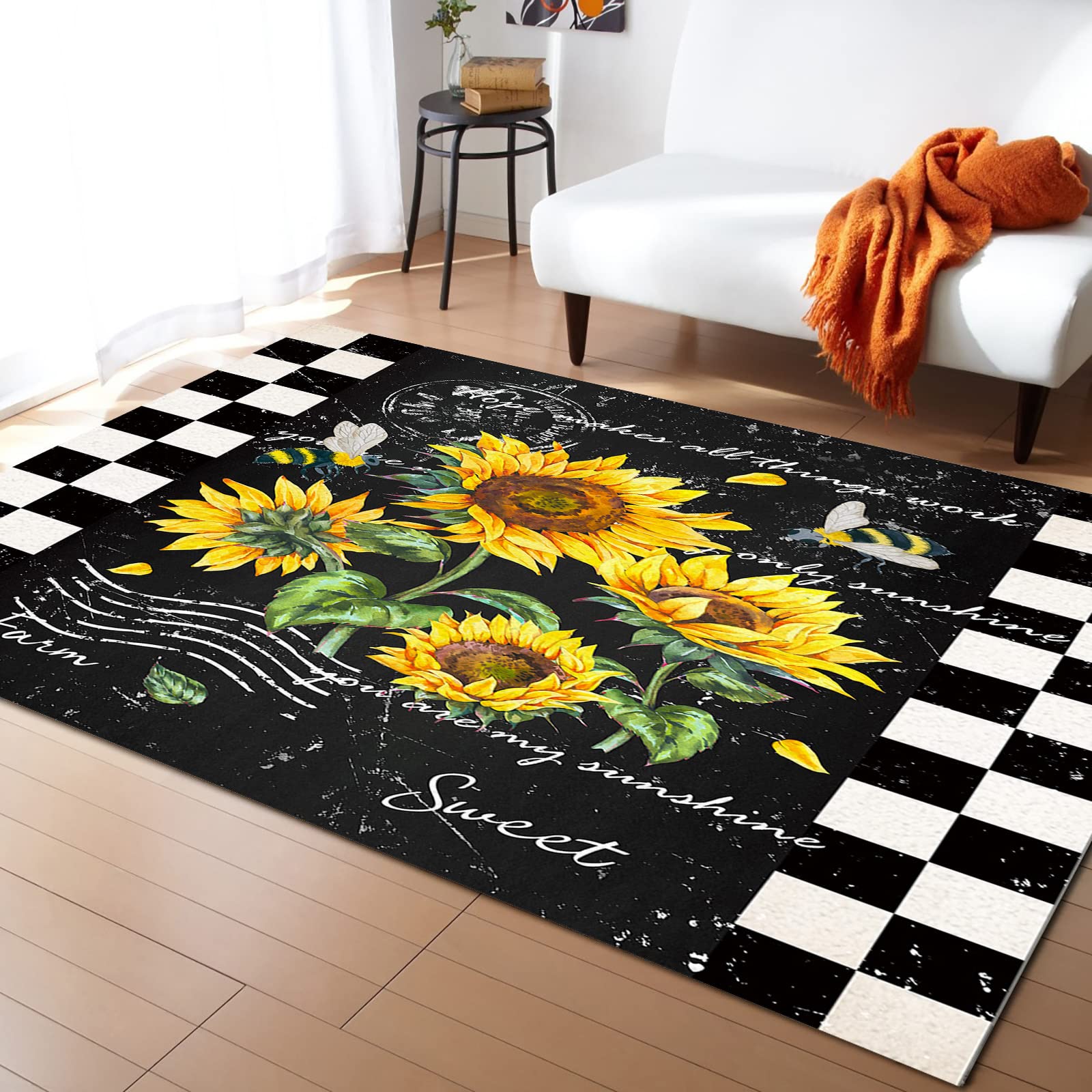 Non-Slip Rubber Backing Vintage Watercolor Lemon Bee Area Rug - Soft Floor Carpet for Bedroom, Living Room & Kitchen - 48x72 Inch Non-Shedding Indoor Runner with Retro Black Buffalo Gingham Design - Perfect for High-Traffic Areas, Pet-Friendly Homes & Cozy Decor
