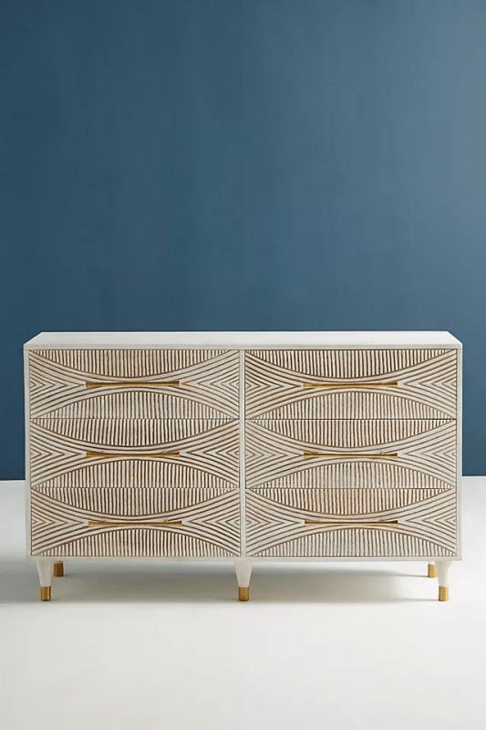 Hand Carved Thalia 6-Drawer Dresser for Living Room - Solid Wood Bedroom Storage Furniture for Home Organization & Decor
