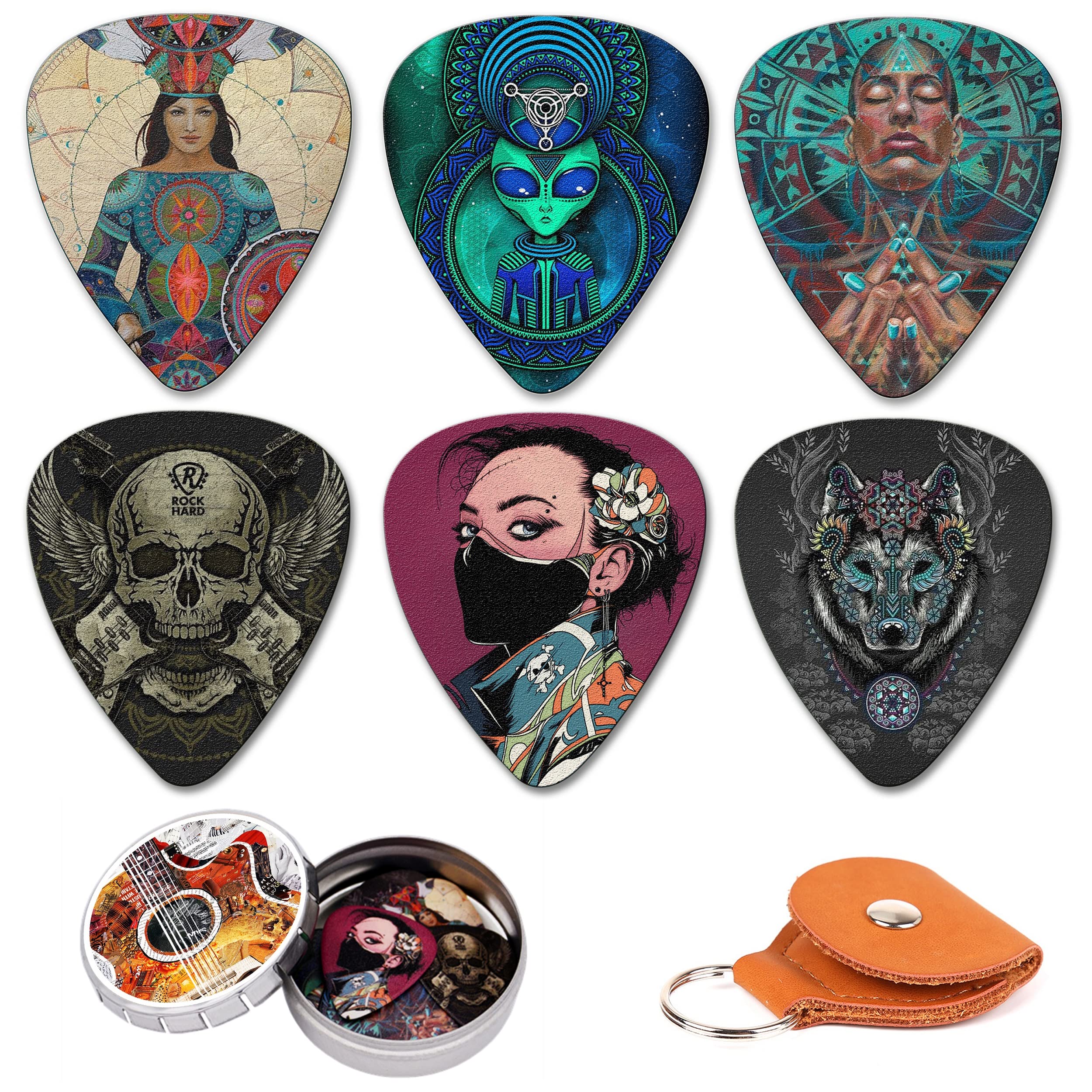 Premium 12-Pack Medium Guitar Picks with Leather Holder & Tin Box - Artistic Celluloid Picks for Bass/Electric/Acoustic Guitar - Perfect Gift for Musicians (Mix-1) - Ideal for Practice, Performances & Music Lovers