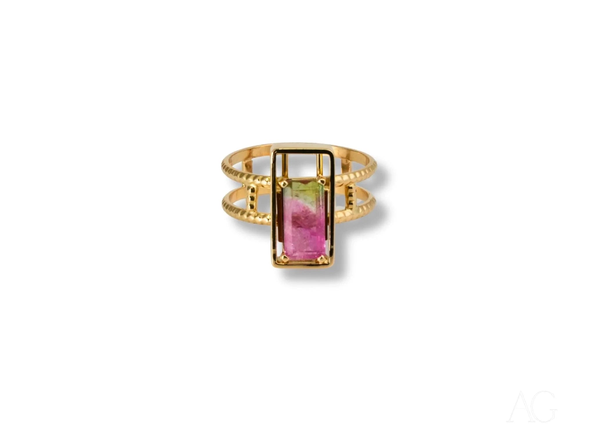 18K Yellow Gold Bi-Color Pink & Green Tourmaline Harmony Stone Ring | Elegant Gemstone Jewelry for Women | Perfect for Weddings, Anniversaries & Special Occasions