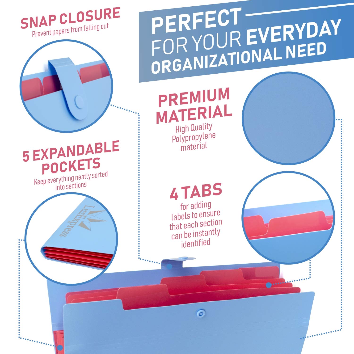 Lizz Express Plastic File Folder Organizer - 5-Pocket Expanding Accordion Folder with Tabs for Documents, Papers, Receipts | Perfect for Office, School, Home Organization (Pink Set)