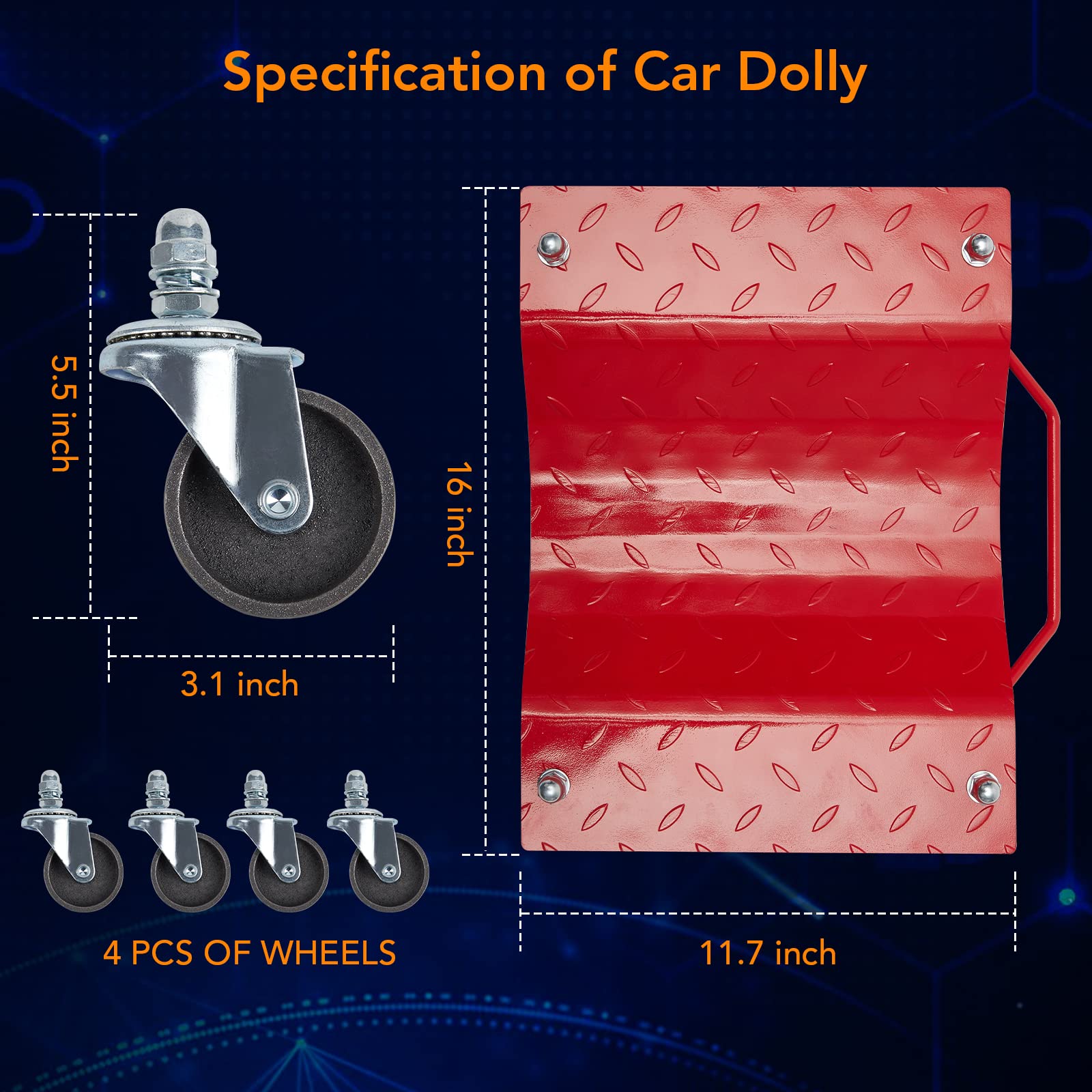 4-Pack Heavy Duty Wheel Dolly Set for Moving Cars, Trucks & Trailers - Red Car Dollies with Nylon Wheels | Garage Storage, Auto Repair & Vehicle Transportation Accessories
