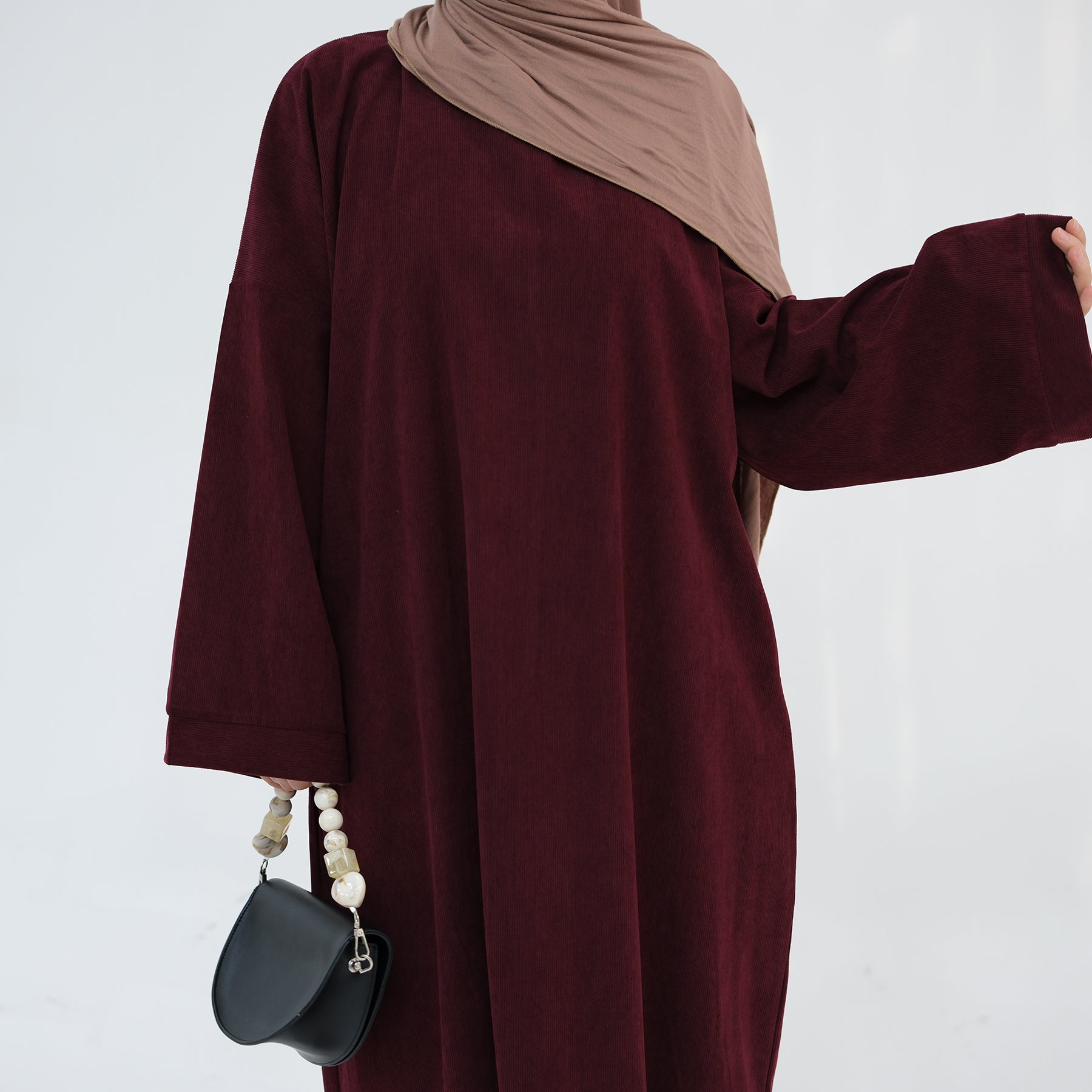 Stylish Annan Corduroy Abaya Dress in Wine Red - Modest Islamic Fashion for Women, Perfect for Prayer, Eid, and Special Occasions