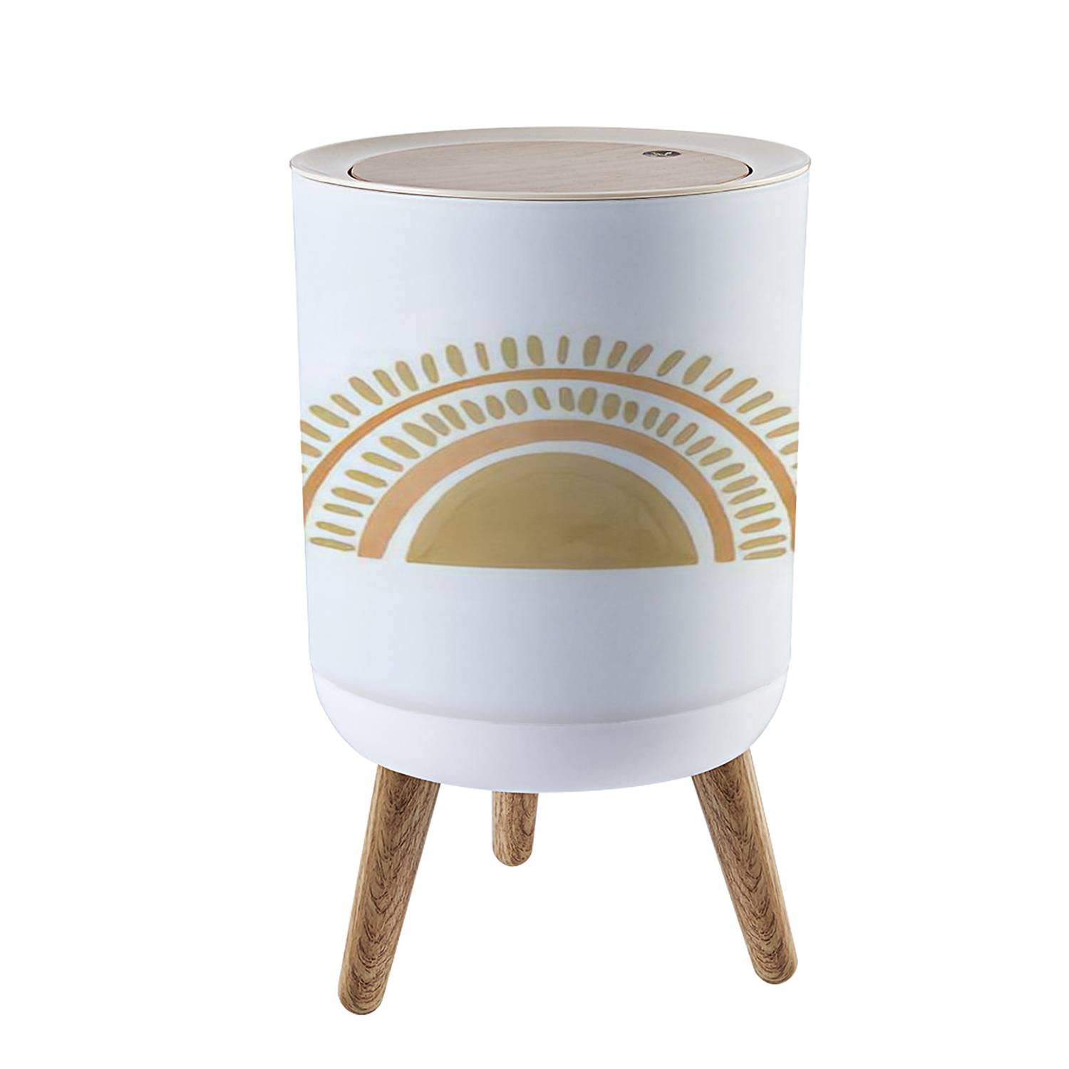 Boho Scandinavian Small Trash Can with Lid - 7L/1.8 Gallon Round Press Top Wastebasket - Dog Proof, Hand Painted Rainbow Space Watercolor Design - Perfect for Kitchen, Bathroom, Bedroom & Office - Ideal for Nursery Decor, Recycling Bin & Home Organization