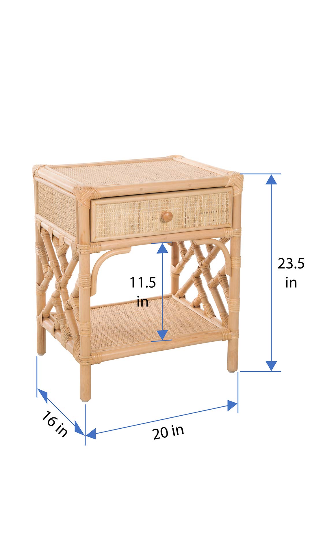 Kouboo Rattan Nightstand with Drawer - Chippendale Design Bedside Table for Bedroom & Living Room | Boho Mid-Century Modern Accent Table with Storage, Light Brown - Perfect for Small Spaces, Guest Rooms & Cozy Home Decor