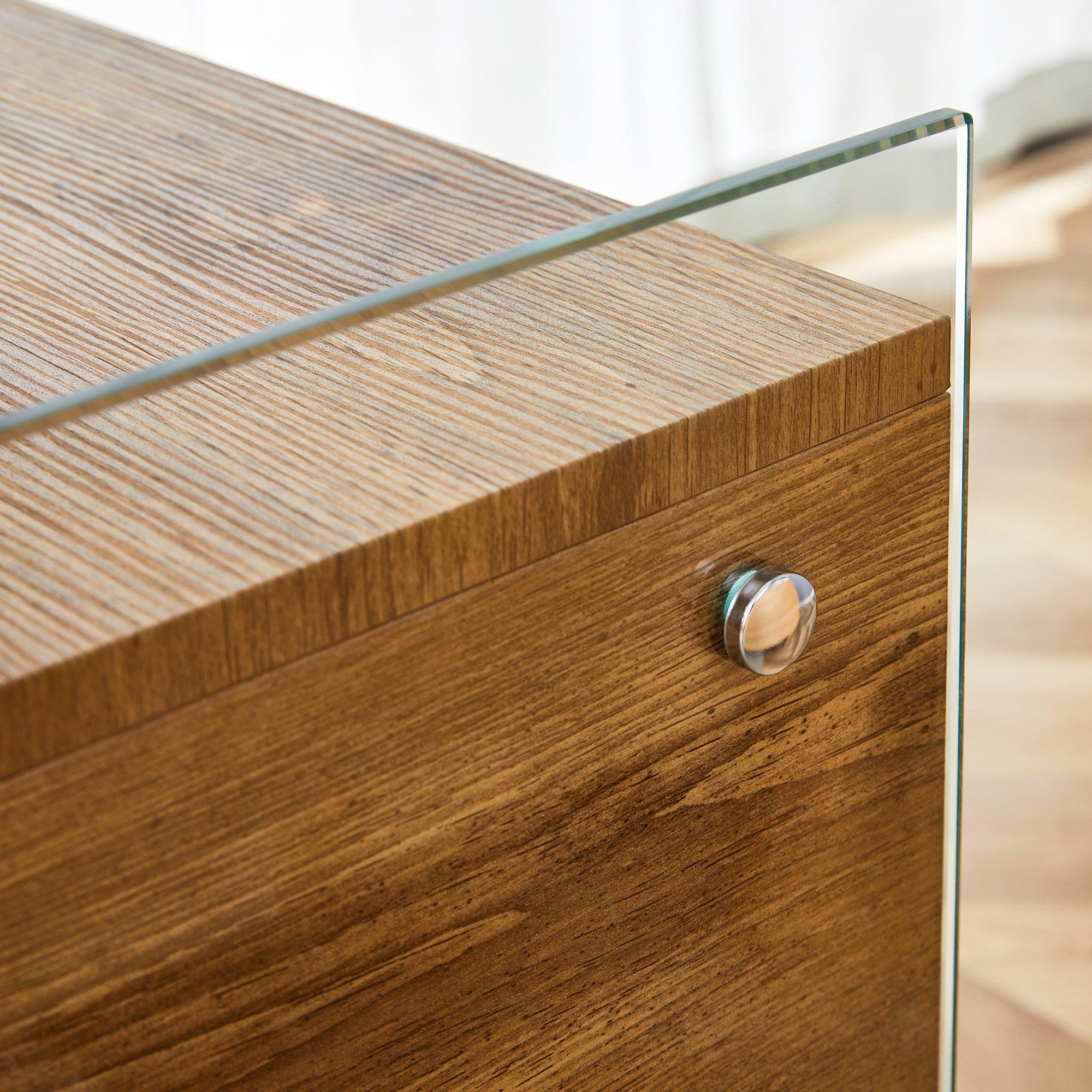 Modern Double Drawer Bedside Table with MDF Sticker Surface & Tempered Glass Sides - Elegant Design & Spacious Storage for Bedroom, Living Room, or Office