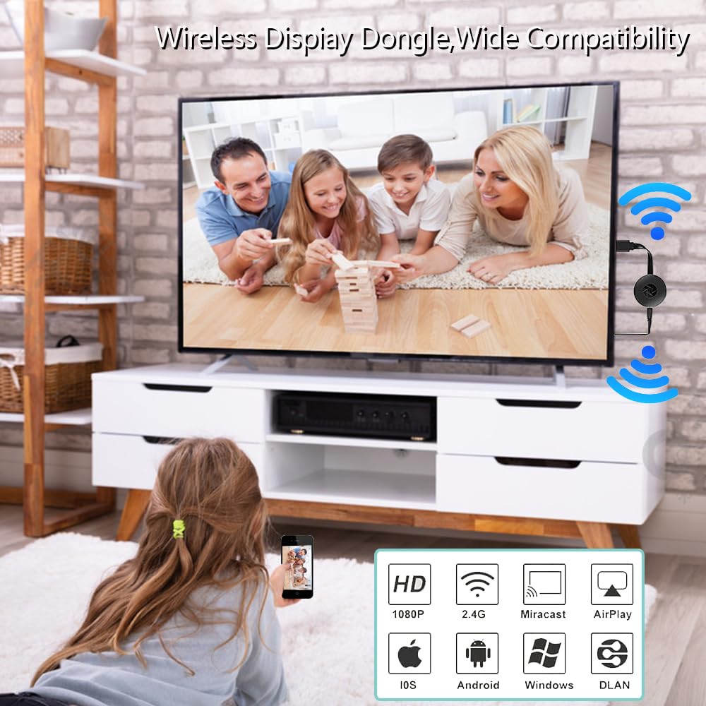 Miracast HDMI Display Dongle - Wireless HDMI Adapter for iPhone, iPad, Android, iOS, Windows, Mac, PC & Smart TV - Supports Miracast, DLNA, Airplay - Perfect for Home Theater, Office Presentations & Gaming