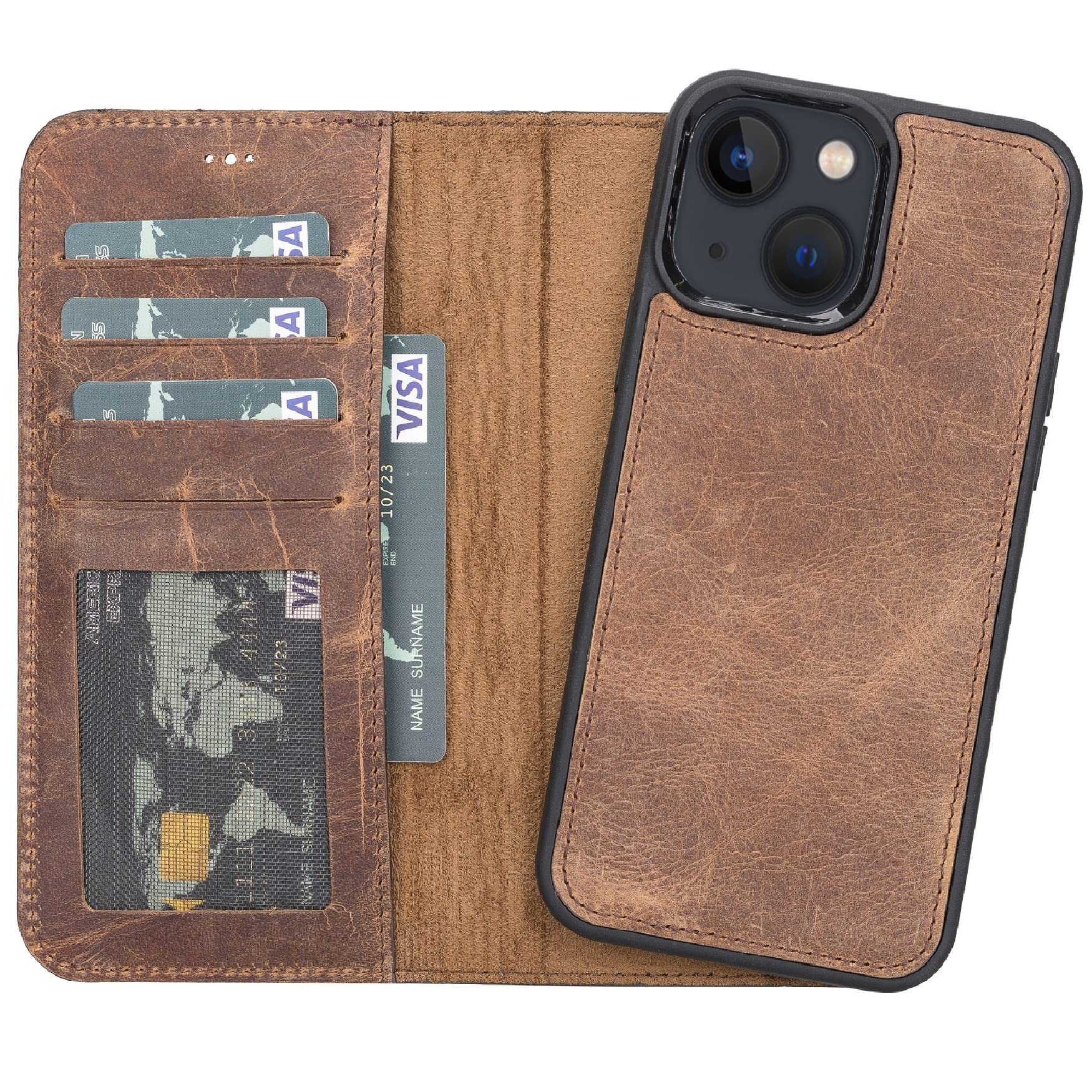 Vintage Brown Genuine Leather iPhone 14 Pro MAX Wallet Case with 4 Card Slots & Kickstand - RFID Protected, Wireless Charging Compatible - Handmade for Men & Women (Also Fits iPhone 14/13/12) - Perfect for Daily Commute, Business Meetings & Travel
