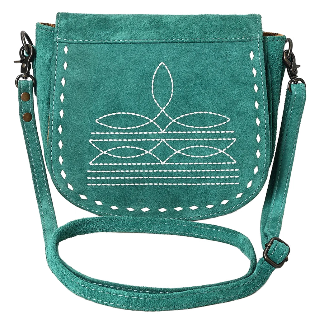 American Darling Turquoise Roughout Boot Stitch Leather Crossbody Bag - Stylish Western Handbag for Women, Perfect for Casual Outings, Date Nights & Country Music Festivals