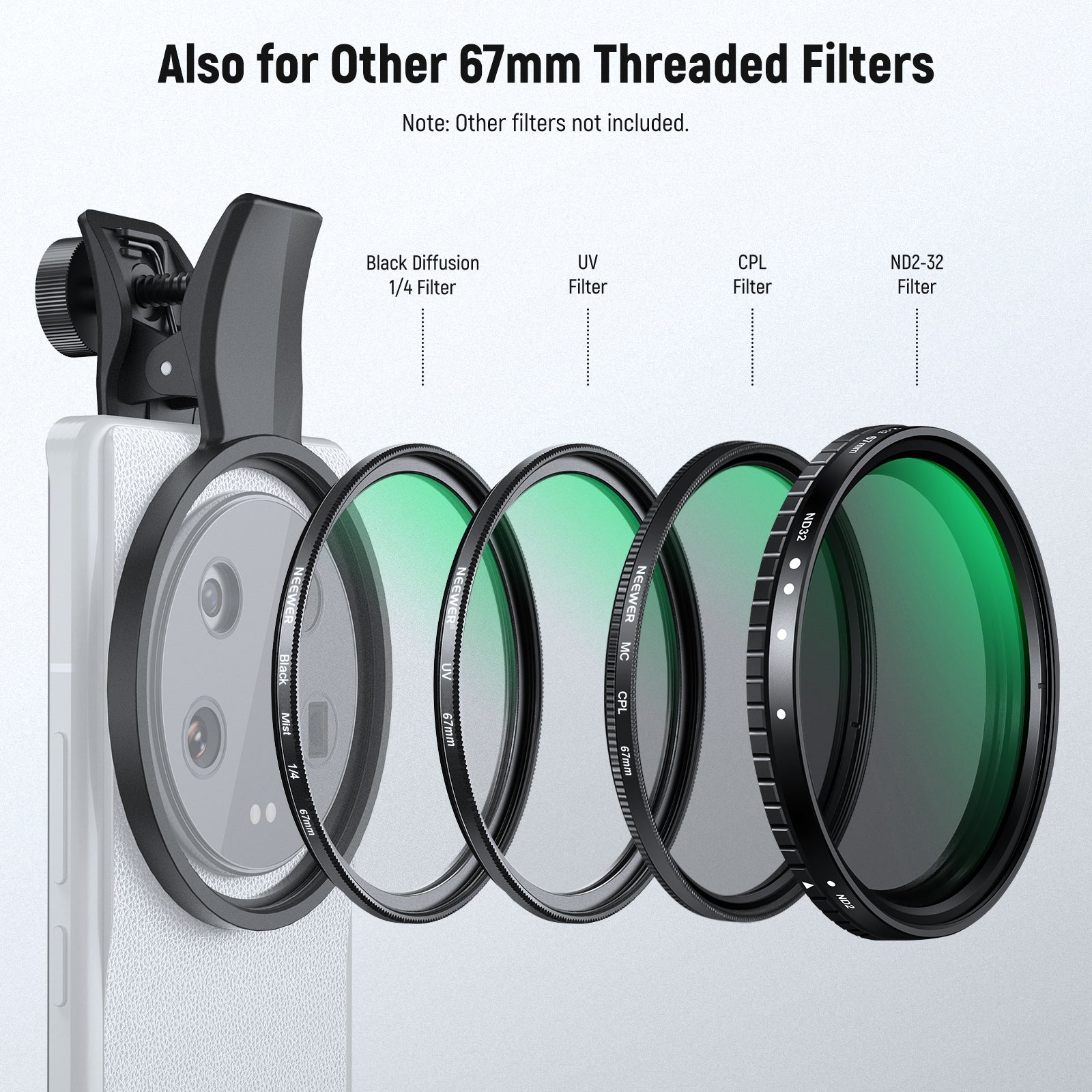 NEEWER 2-in-1 67mm Clip-On CPL & Black Mist Diffusion 1/4 Filter for Smartphone Camera - Enhance Photos & Videos for Social Media, Vlogging, and Professional Photography