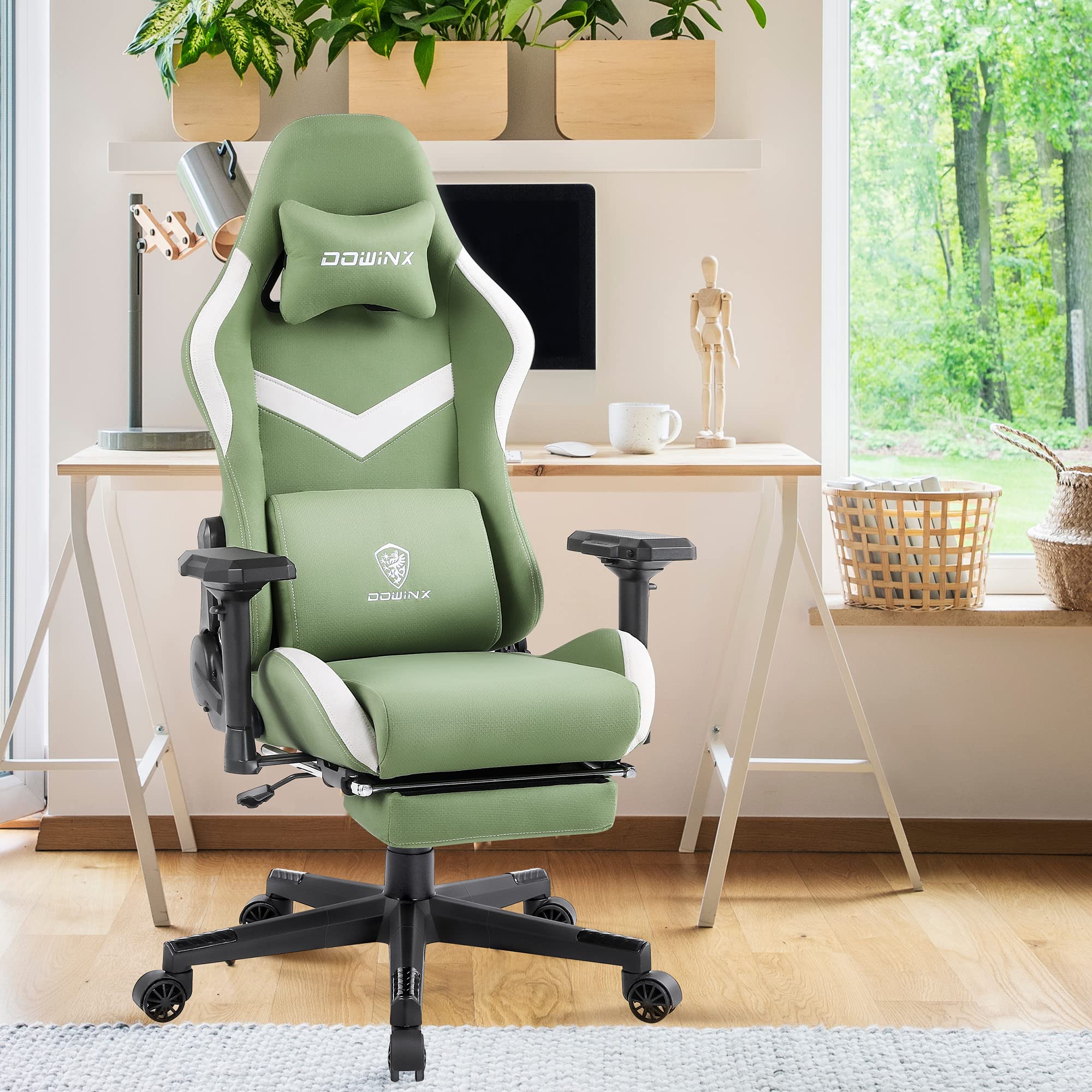 Dowinx Ergonomic Gaming Chair - High Back Breathable Fabric Office Chair with 4D Adjustable Armrests, Pocket Spring Cushion & Massage Lumbar Support - Green Computer Desk Chair with Footrest for Home Office & Gaming Setup