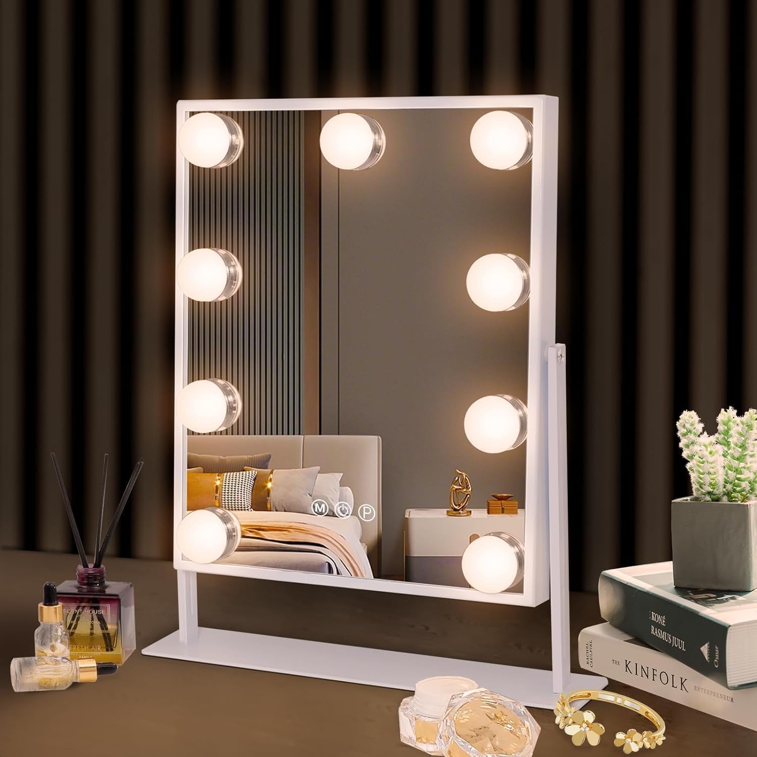 Hansong 9 LED Lighted Vanity Mirror with 360° Rotation & 10x Magnifying Mirror - Plug-in Makeup Mirror for Professional Makeup Application, Skincare Routine, and Precise Grooming - Perfect for Bedroom, Bathroom, and Dressing Table