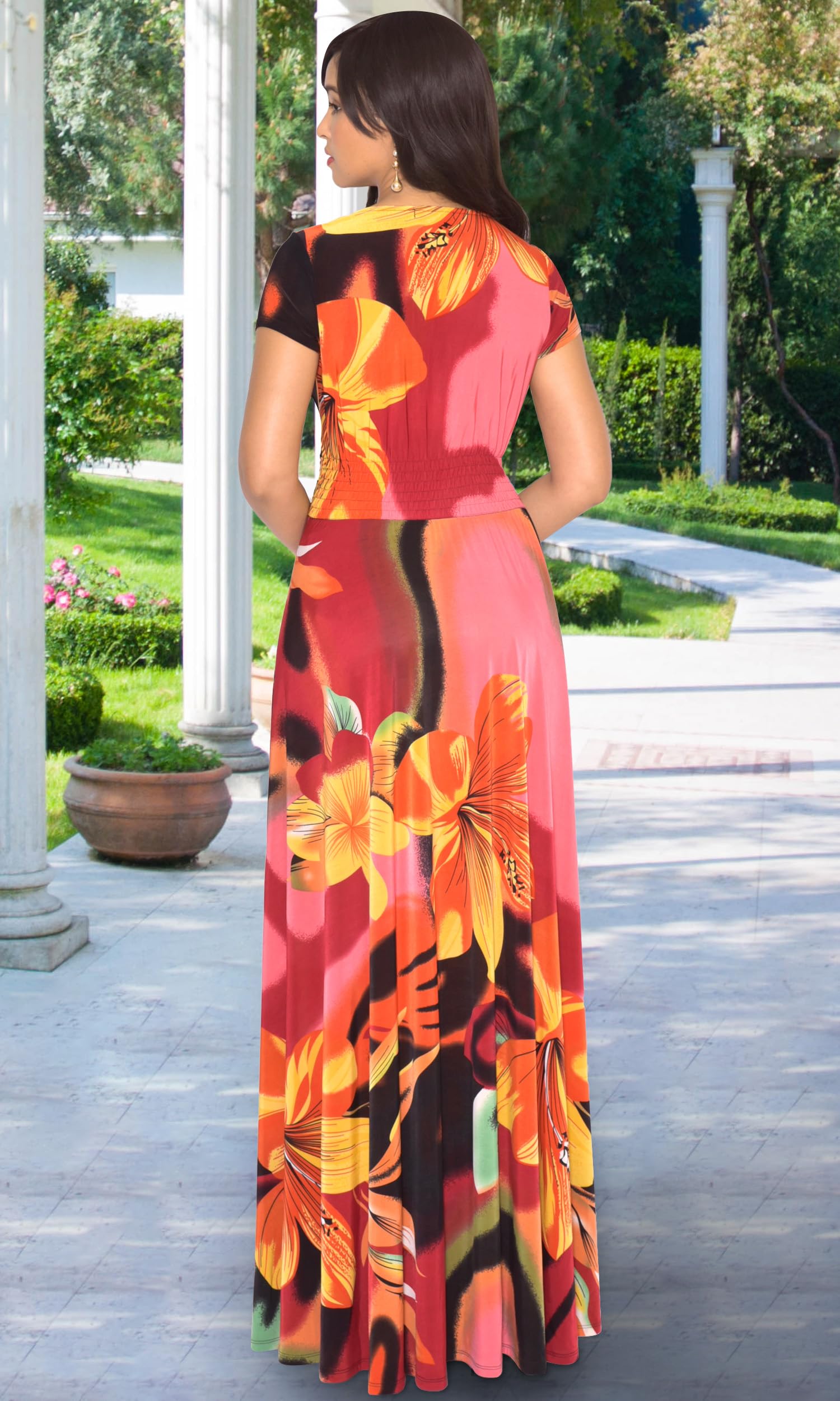 KOH KOH Women's Floral Maxi Dress - Long Summer Flowy Modest Gown with Short Sleeves | Perfect for Beach Vacation, Wedding Guest & Casual Outings