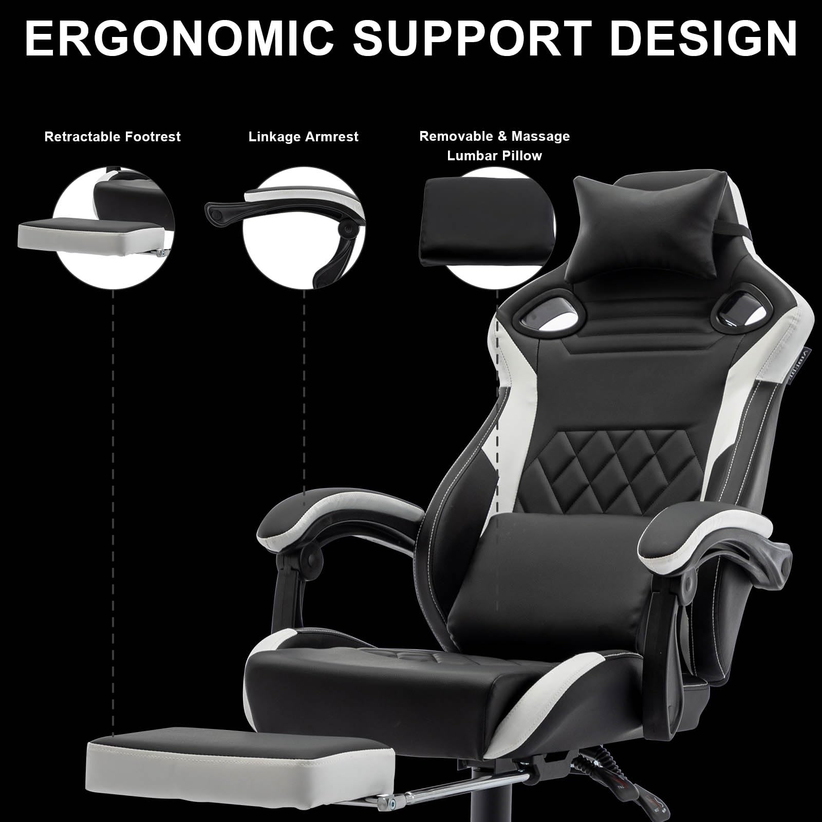 Ergonomic Gaming & Office Chair - High Back Computer Desk Chair with Adjustable Headrest & Lumbar Support - Leather Racing Style Executive Swivel Task Chair for Home & Work (Black) ABB101 - Perfect for Gamers, Remote Workers & Home Office Setup