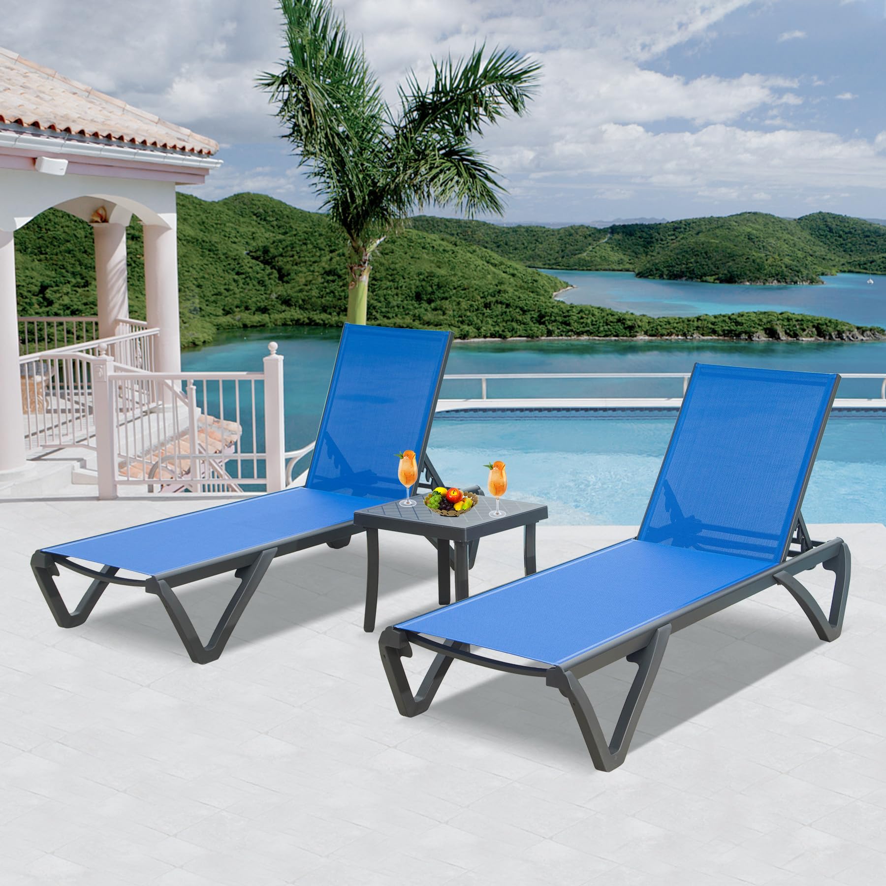 **Domi Patio Chaise Lounge Chair Set of 3 - Outdoor Aluminum & Polypropylene Sunbathing Chairs with 5 Adjustable Positions & Side Table - Perfect for Beach, Yard, Balcony, Poolside (2 Blue Chairs with Table) - Ideal for Relaxing, Lounging, and Sunbathing**