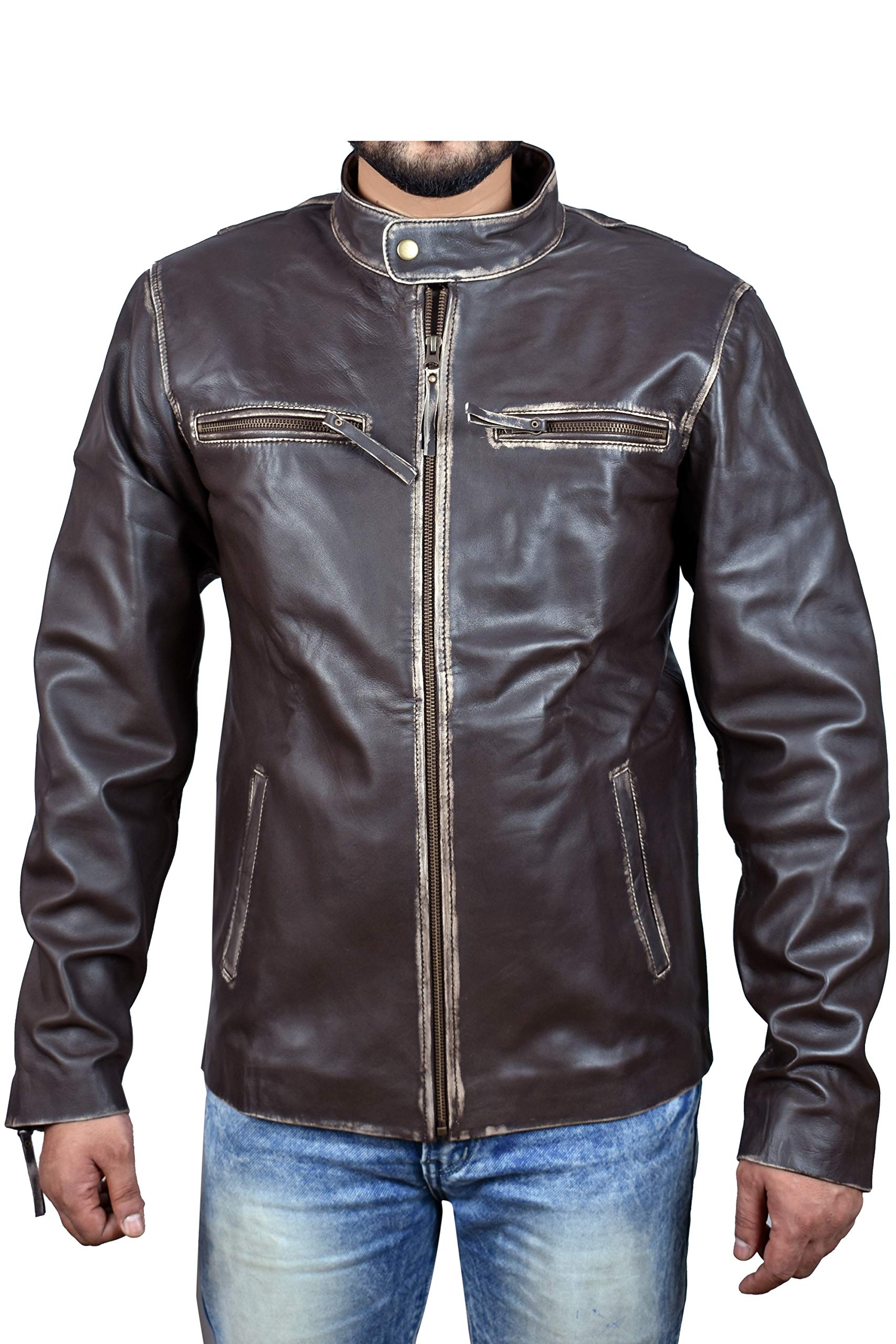 Men's Mark Wahlberg Daddy Home Brown Distressed Leather Jacket (Size L) - Vintage Biker Style for Casual Wear & Motorcycle Riding