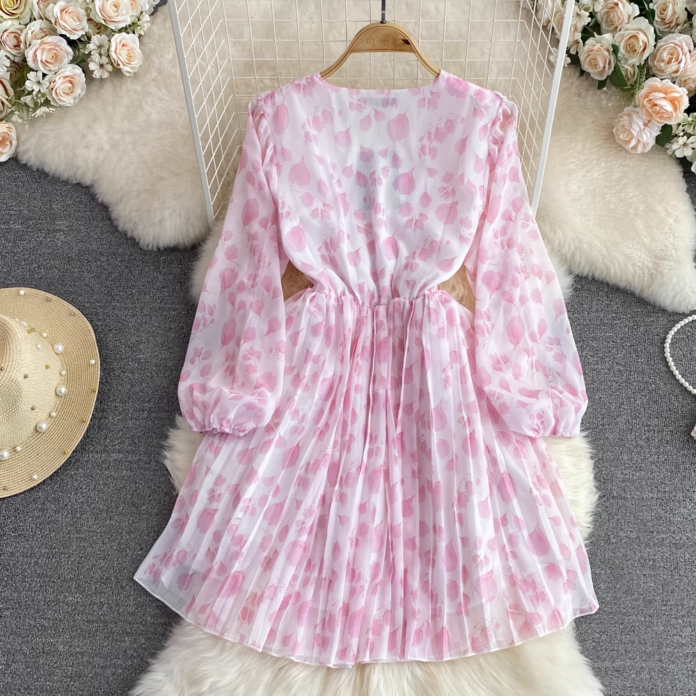 Women's Autumn Floral V-Neck Bubble Sleeve A-Line Pleated Dress 1615 | Elegant Fall Party Dress for Weddings, Office Wear & Special Occasions