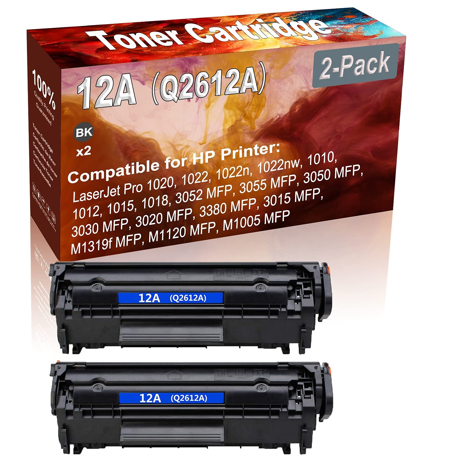 2-Pack Black High Yield Compatible 12A (Q2612A) Toner Cartridge for HP LaserJet 1020 1022 1022n 1022nw 1010 1012 1015 1018 Printers - Office & Home Printing Replacement