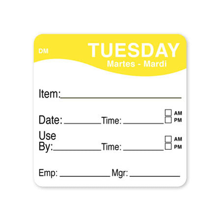 DayMark 1100532 Tuesday Dissolve Labels 2x2 Inches - Roll of 250 Dissolvable Food Safety Tags | Perfect for Restaurant Kitchen, Daycare Meal Prep & Commercial Food Storage Organization