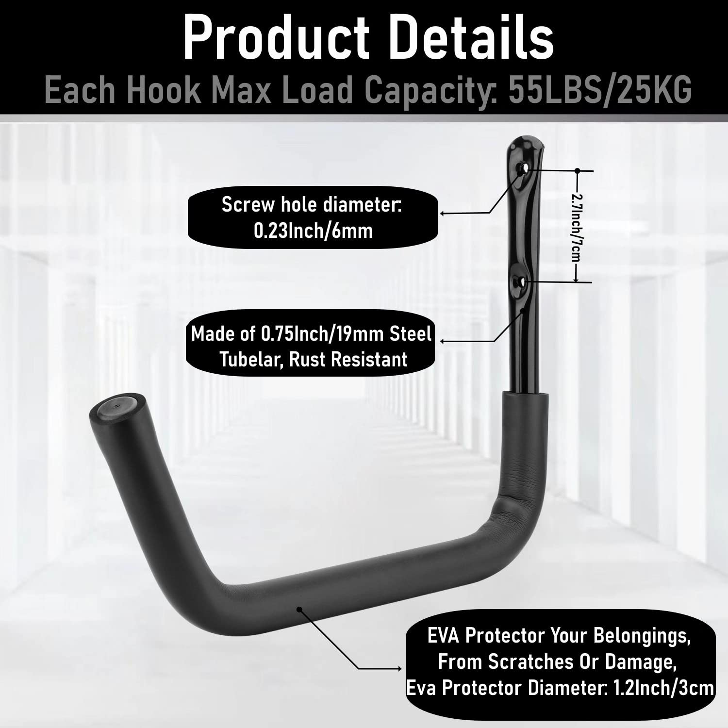 Heavy Duty Garage Storage Kayak Hooks - 15 Inch Wall Mounted Hangers for Canoe, Surfboard, Ladder, Bike & More (55LB Capacity) - Perfect for Garage, Basement & Outdoor Organization