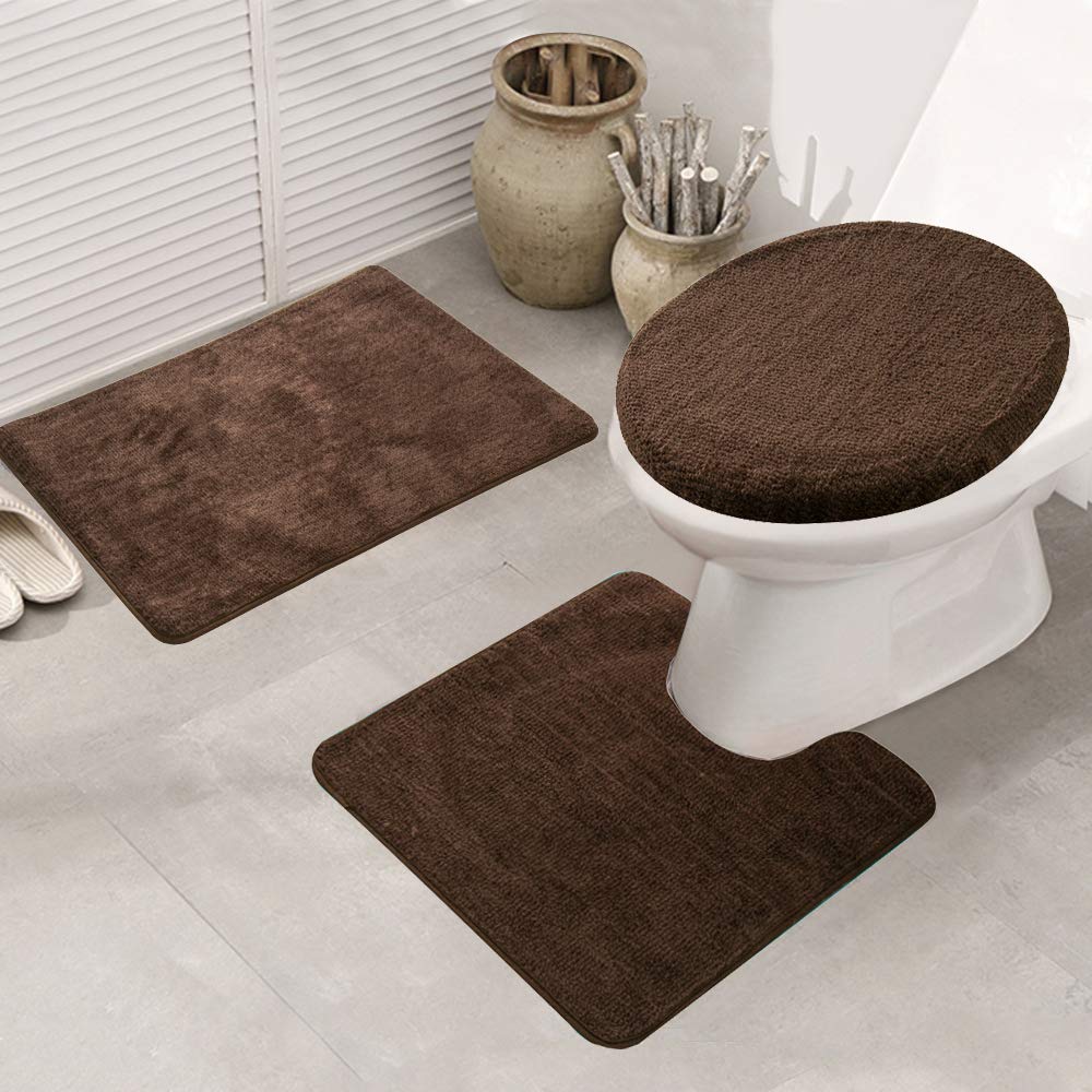 Non-Slip 3-Piece Bathroom Rug Set - Soft Rectangular Floor Mat, U-Shaped Bath Mat & Toilet Lid Cover (Coffee) for Cozy & Safe Bathroom Decor - Perfect for Bathrooms, Showers & Vanity Areas