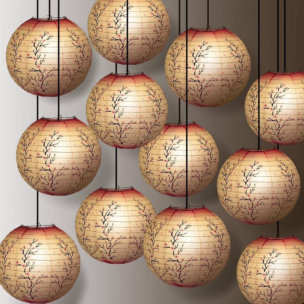 12 Pack 14 Inch Pink Cherry Blossom Japanese Paper Lanterns for Home Decor, Garden Party, Wedding & Outdoor Lighting