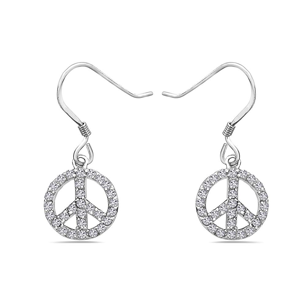925 Sterling Silver Peace Sign Dangle Earrings with Cubic Zirconia - CZ Threader Earrings for Women, Trendy Boho Chic Jewelry Gift for Everyday Wear & Special Occasions