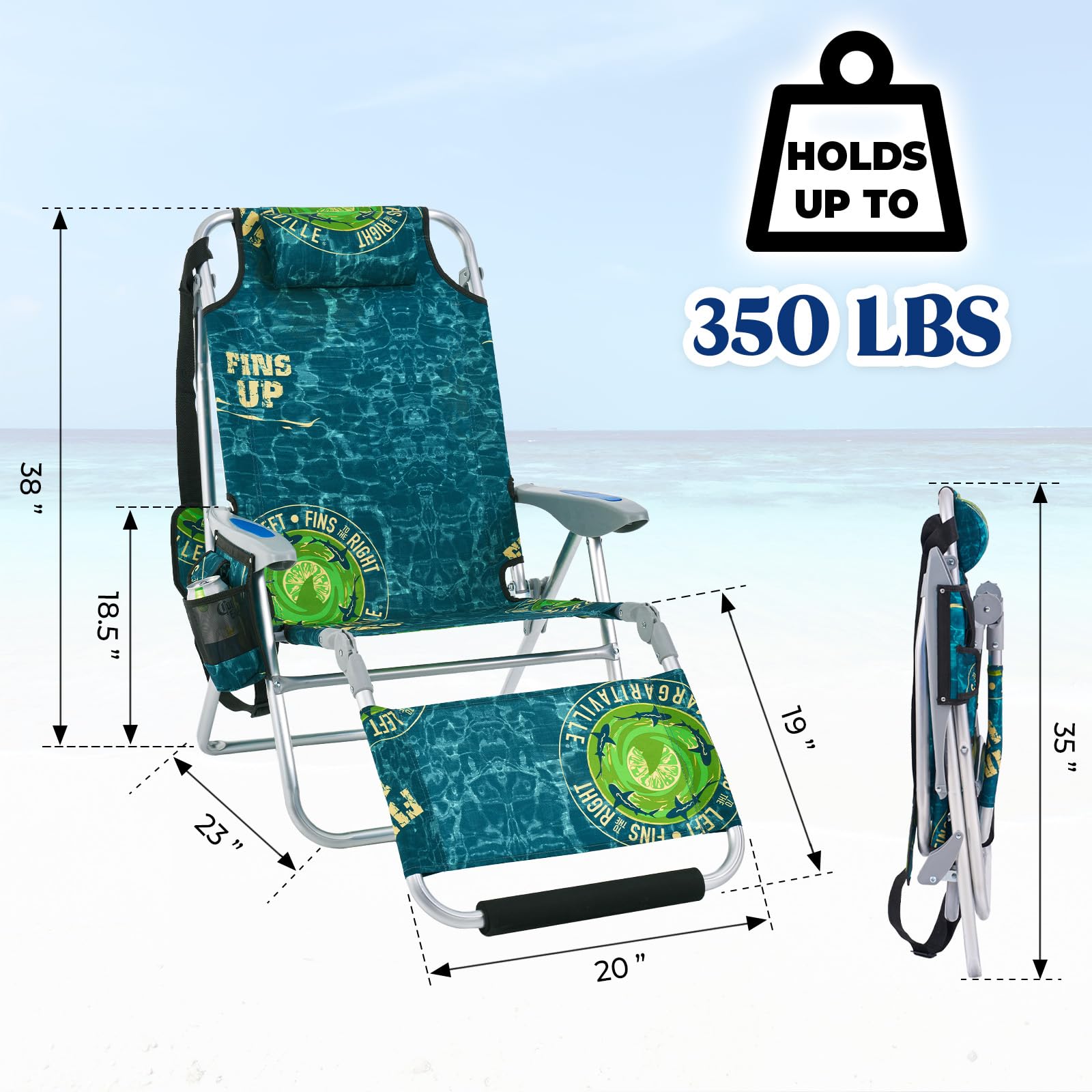 Portable Folding Camping Beach Chair for Adults - Lightweight Outdoor Lounge Chair with Footrest, Backpack Straps, Towel Bar, Cooler Pouch & Cup Holder - Perfect for Beach, Picnic, Backyard & Travel (Geometric Green)