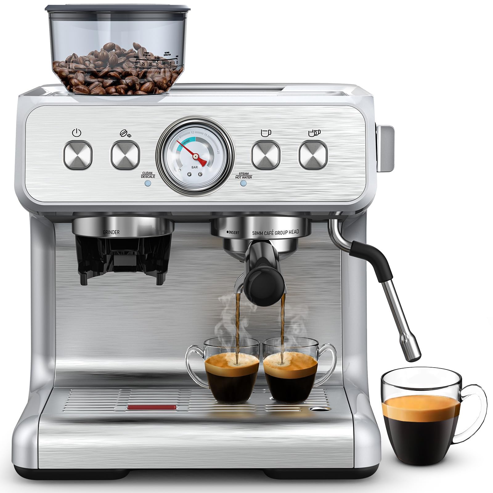 Kndko 15 Bar Semi-Automatic Espresso Machine with Milk Frother & Grinder - Stainless Steel Detachable Water Tank - Perfect for Latte & Cappuccino - Ideal for Home Coffee Bar & Office Use