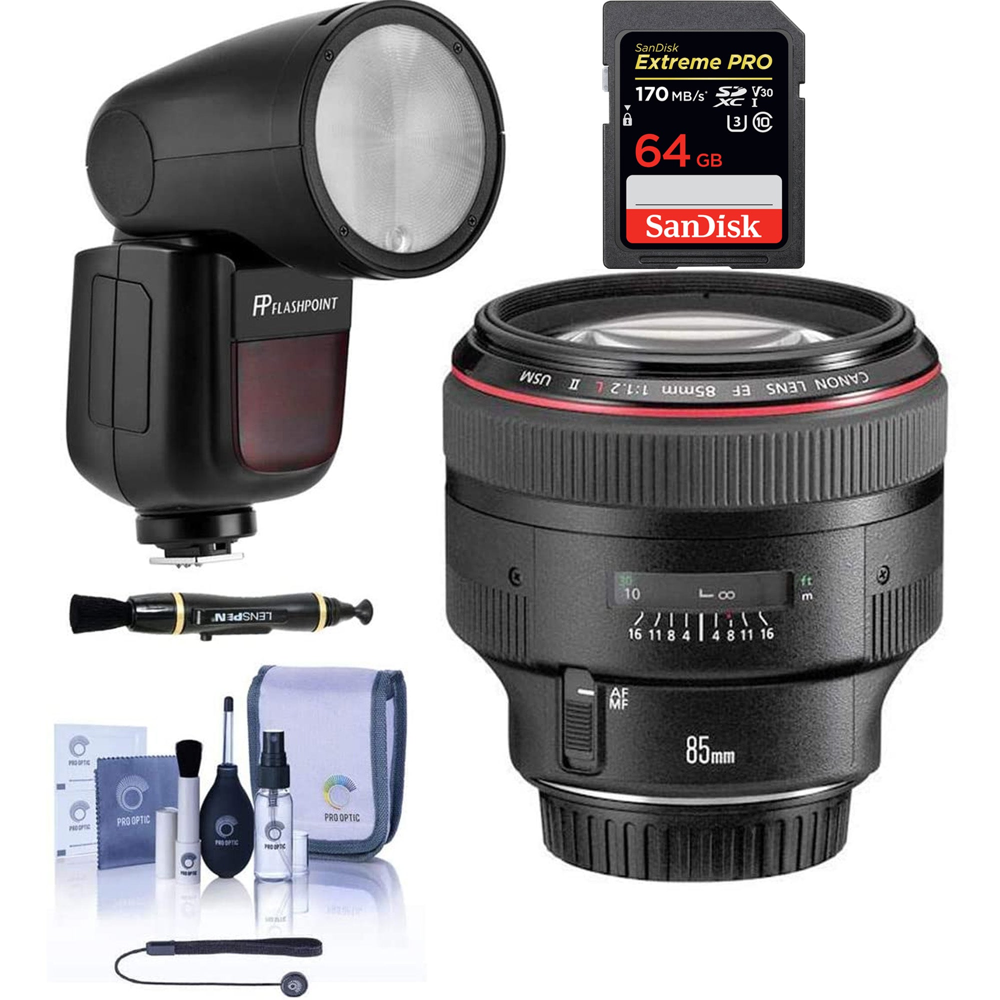 Canon EF 85mm f/1.2L II USM Portrait Lens with Flashpoint Zoom Li-on X R2 TTL Flash & Sandisk Extreme Pro 64GB Memory Card Bundle - Perfect for Professional Photography, Wedding Shoots, and Studio Portraits