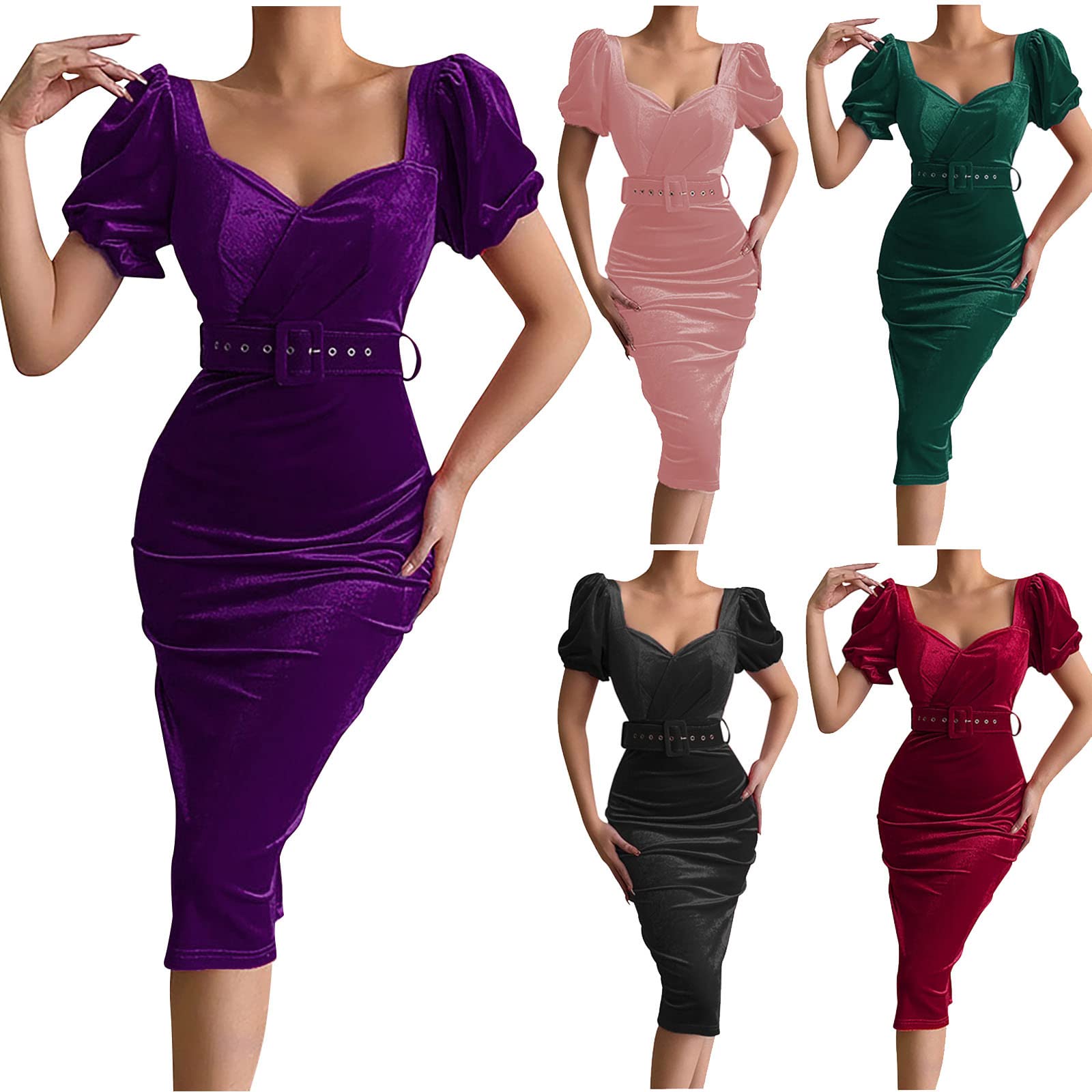 Vintage Velvet Puff Sleeve Bodycon Dress for Women - Formal Slim Fit Belted Wedding Guest Dress | Perfect for Summer Weddings, Cocktail Parties & Special Occasions
