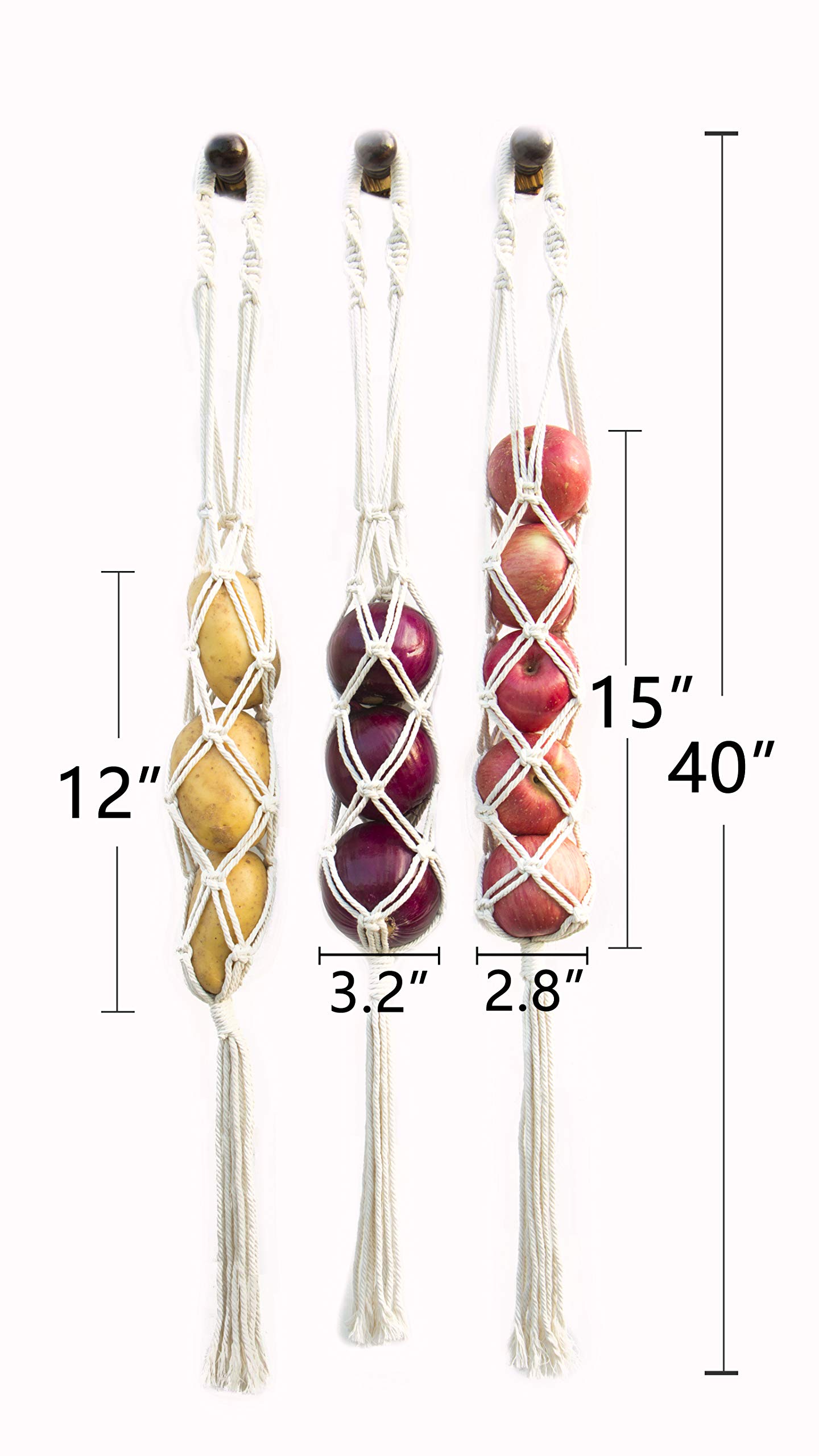 Decocove Macrame Hanging Fruit Basket Set of 3 - Boho Kitchen Storage for Potatoes, Onions & Fruits - Handwoven Wall Decor for Farmhouse, Apartment & Dorm Room - Perfect for Organizing Produce & Adding Boho Chic Style