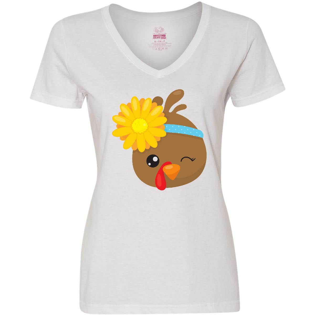 Inktastic Cute Brown Turkey Women's V-Neck T-Shirt - Funny Thanksgiving Outfit for Family Gatherings & Holiday Parties