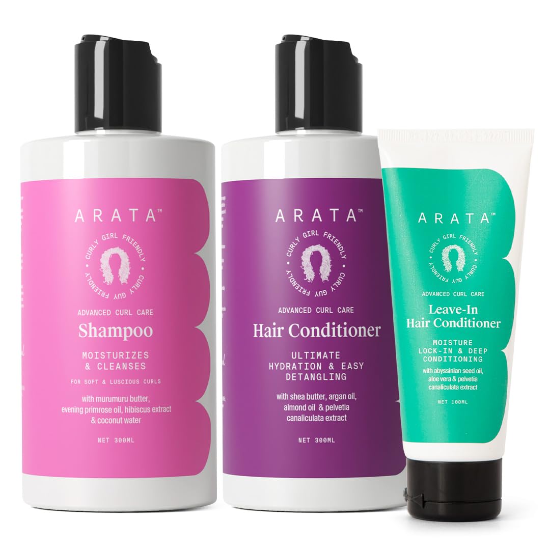 Arata Curl Enhancing Hair Care Set - Sulfate Free Shampoo (10oz), Rinse Out Conditioner (10oz) & Leave-In Conditioner (3.4oz) for Dry Frizzy Wavy Curly Coily Hair | Paraben & Silicone Free | Perfect for Daily Curl Definition & Hydration
