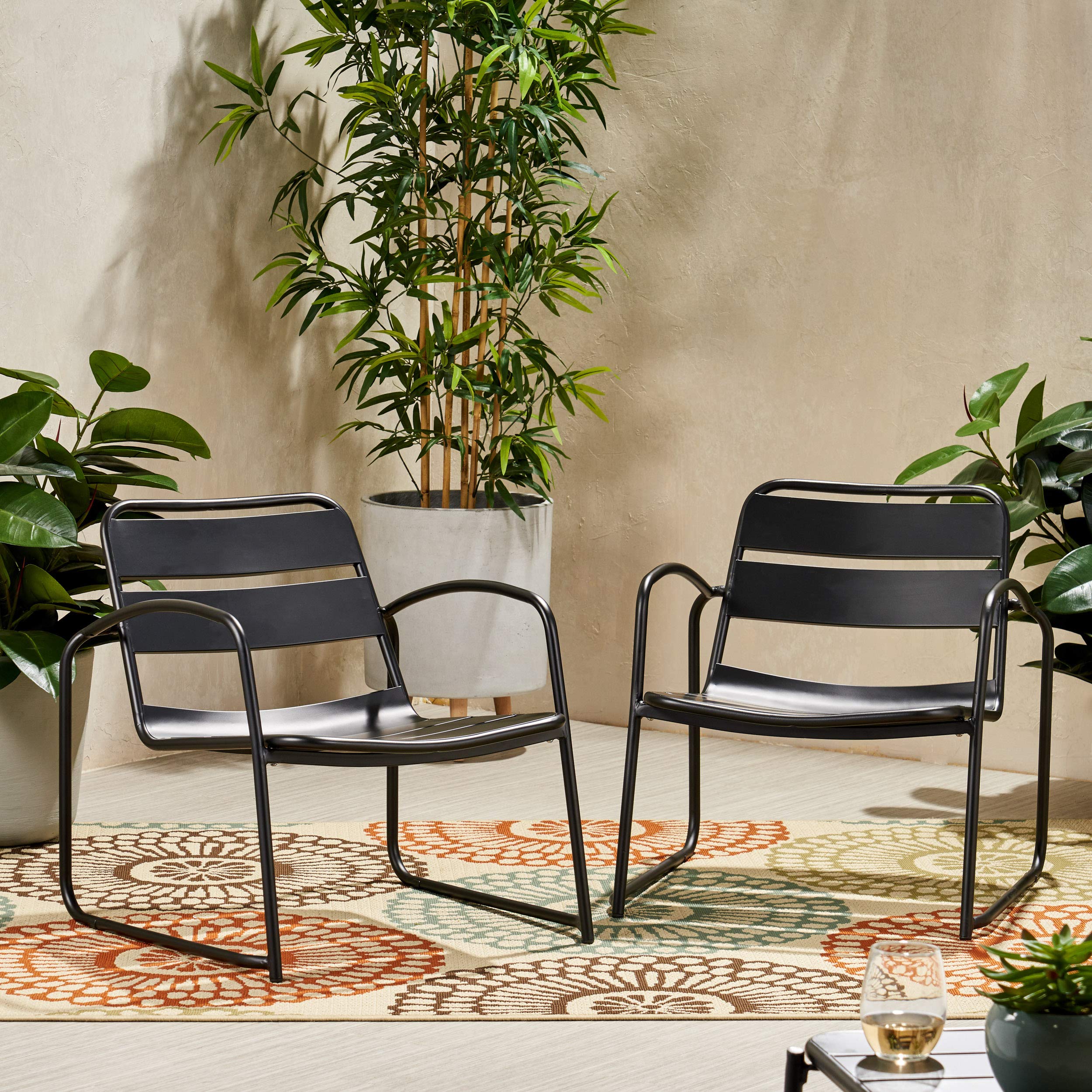 GDF Studio Outdoor Dining Chairs (Set of 2) - Matte Black Patio Furniture for Garden, Poolside, Deck & Backyard Dining