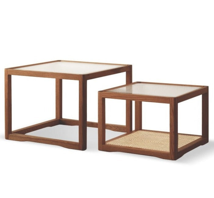 Solid Oak Wood Coffee Table with Glass Top and Rattan Shelf - Perfect for Living Room, Patio, or Outdoor Furniture Decor