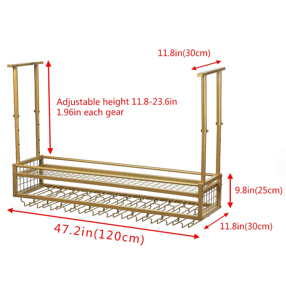 **47.2in Adjustable Metal Wine Glass Rack - Ceiling & Wall Mounted Hanging Holder for Bars, Restaurants & Home Kitchens - Industrial Iron Wine Shelf with Gold Finish (Perfect for Wine Storage & Display in Dining Rooms, Bars & Commercial Spaces)**