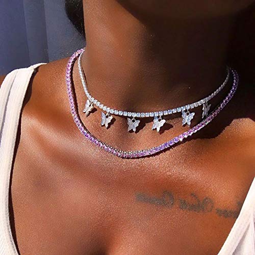 Sparkling Rhinestone Butterfly Choker Necklace & Layered Tennis Chain Set for Women & Girls - Elegant Fashion Jewelry Gift for Parties, Date Night & Special Occasions (2PCS)