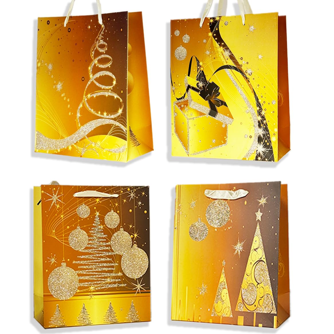 Allgala 12-Pack Premium Golden Christmas Gift Bags - 13 Inch Heavy Stock Paper Holiday Gift Bags with Festive Prints - Perfect for Christmas Party Favors, Holiday Gift Wrapping & Secret Santa Exchanges