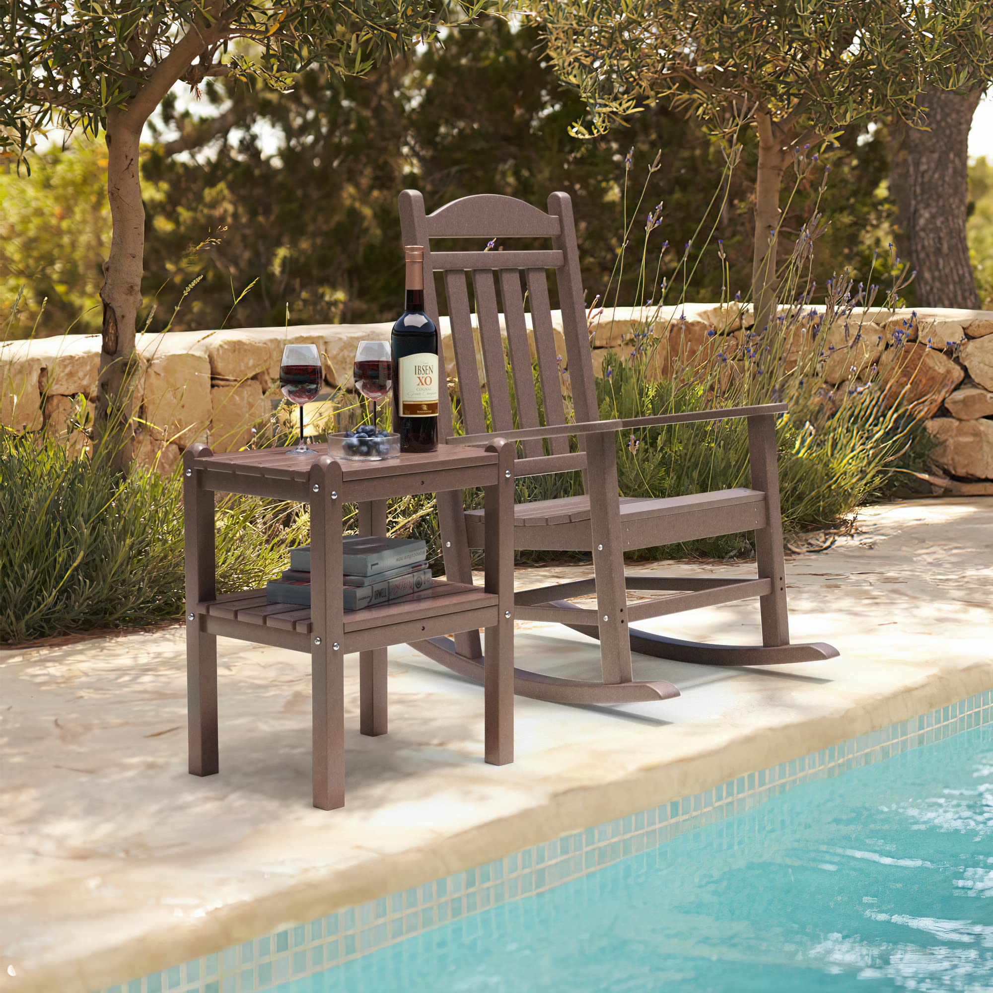 TORVA 2-Tier Outdoor Side Table - Weather-Resistant Adirondack End Table for Patio, Deck, Garden & Poolside - Easy Maintenance Rectangular Accent Table for Indoor/Outdoor Use - Perfect for Backyard, Porch & Outdoor Entertaining (Brown)