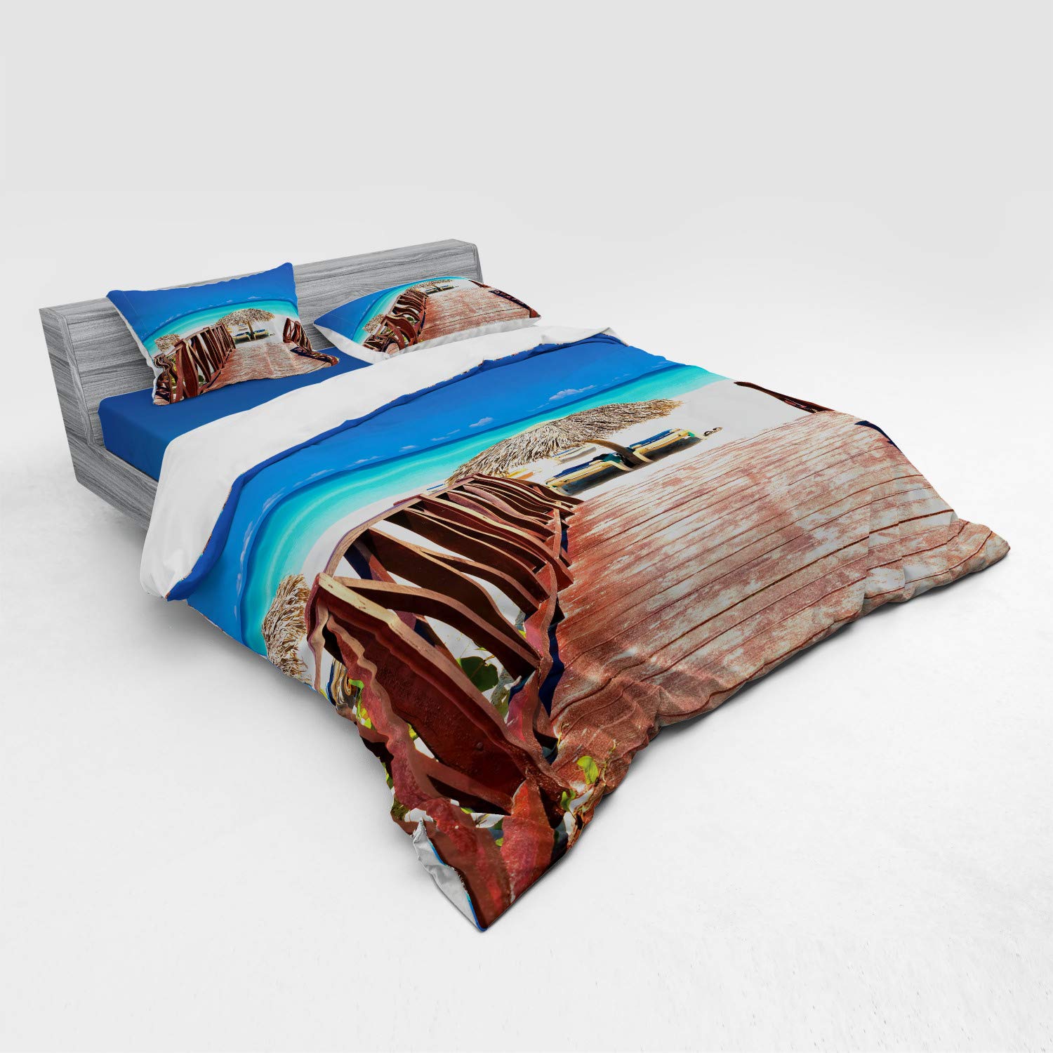 Ambesonne Beach Duvet Cover Set - King Size 4-Piece Bedding with Shams & Fitted Sheet | Tropical Cuba Summer Ocean Design in Chocolate Navy Turquoise | Perfect for Coastal Bedrooms, Beach House Decor & Vacation Retreats