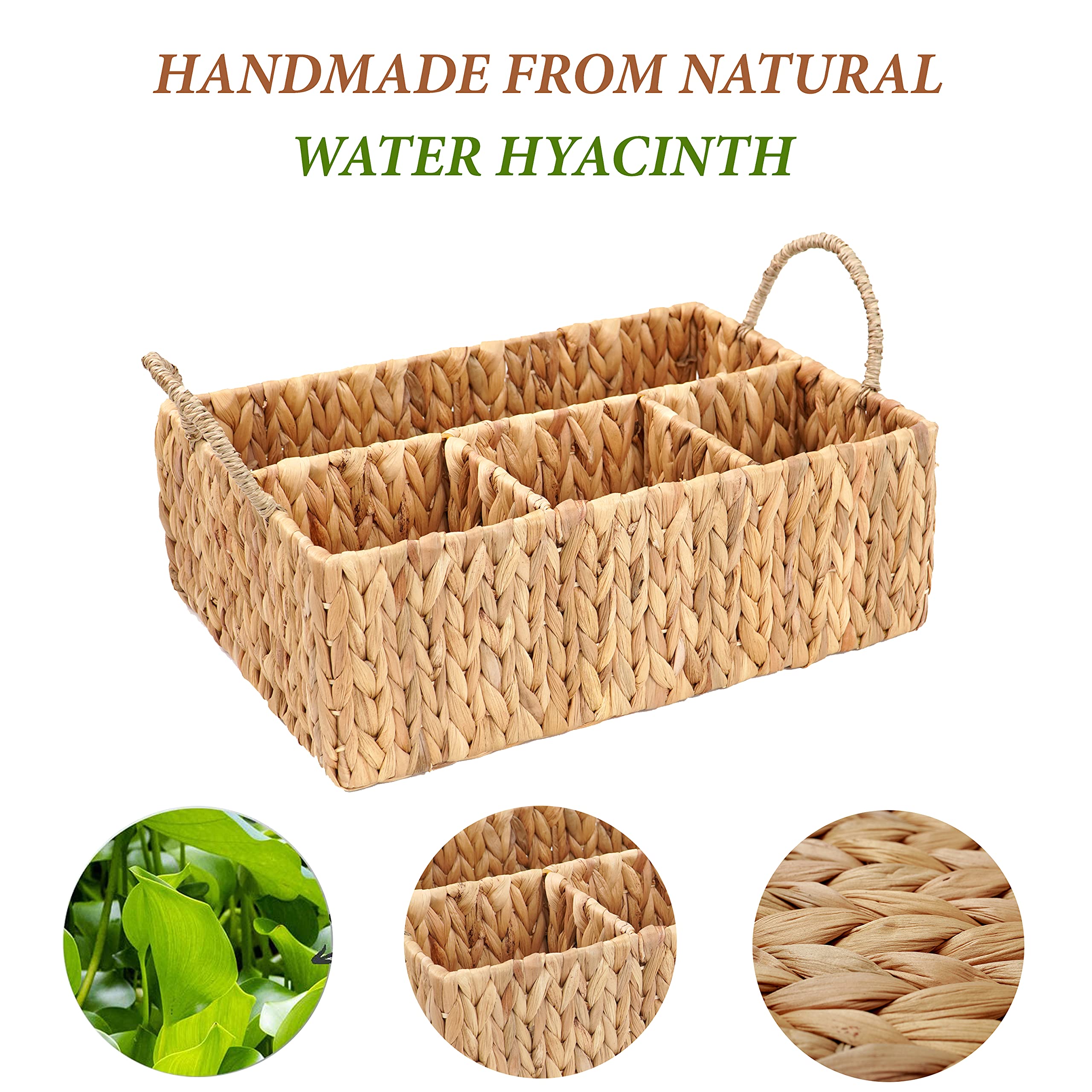 Natural Woven Hyacinth Wicker Storage Basket - 4-Section Rectangular Tray for Bathroom, Kitchen, Office & Home Organization | Perfect for Shelves, Drawers & Closet Storage