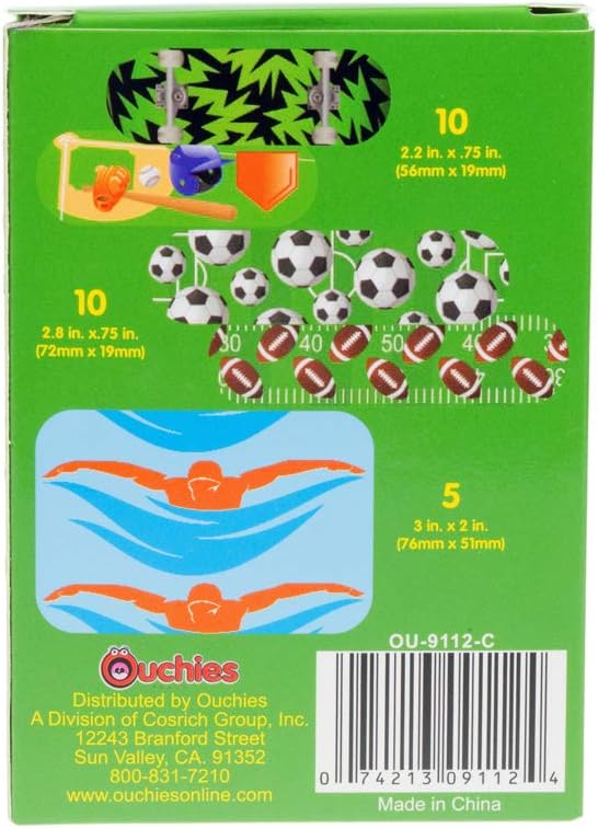 Cosrich Ouchies Sportz Adhesive Bandages for Kids - 25 Count Waterproof Wound Care Strips - Fun Designs for Active Children - Perfect for Sports, Playtime & Everyday First Aid