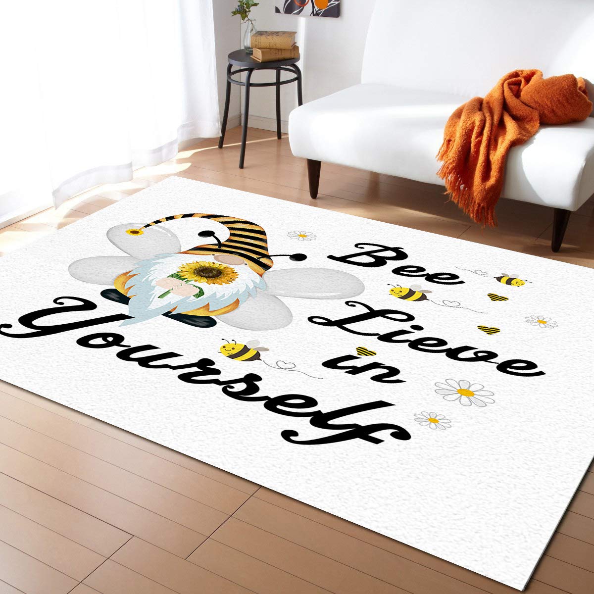 5'x7' Yellow Sunflower Geometric Stripe Non-Slip Area Rug - Washable Accent Carpet for Living Room, Bedroom, Kitchen, Front Porch & Bathroom | Gnome & Bee Design Floor Mat for Home Decor