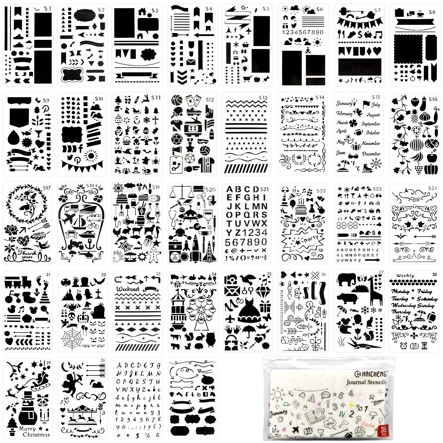 36 PCS Plastic Journal Stencils for Bullet Junk Journaling, Notebook Diary, Drawing & Scrapbooking - 4x7 Inch Templates - Perfect for DIY Crafts, Planner Decorations, and Creative Art Projects